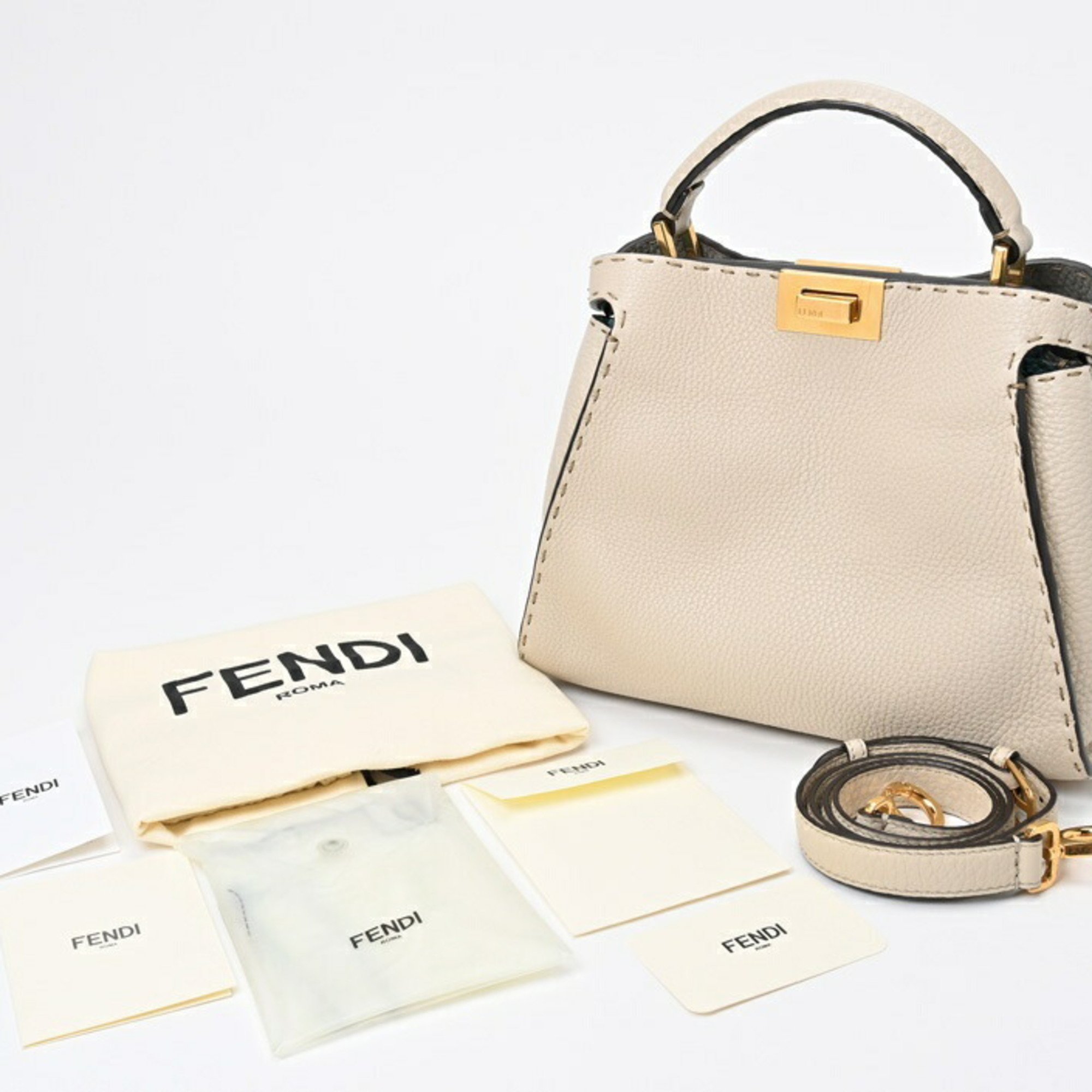 FENDI Peekaboo Iconic Essential 8BN302 Selleria Leather Greige S-155664