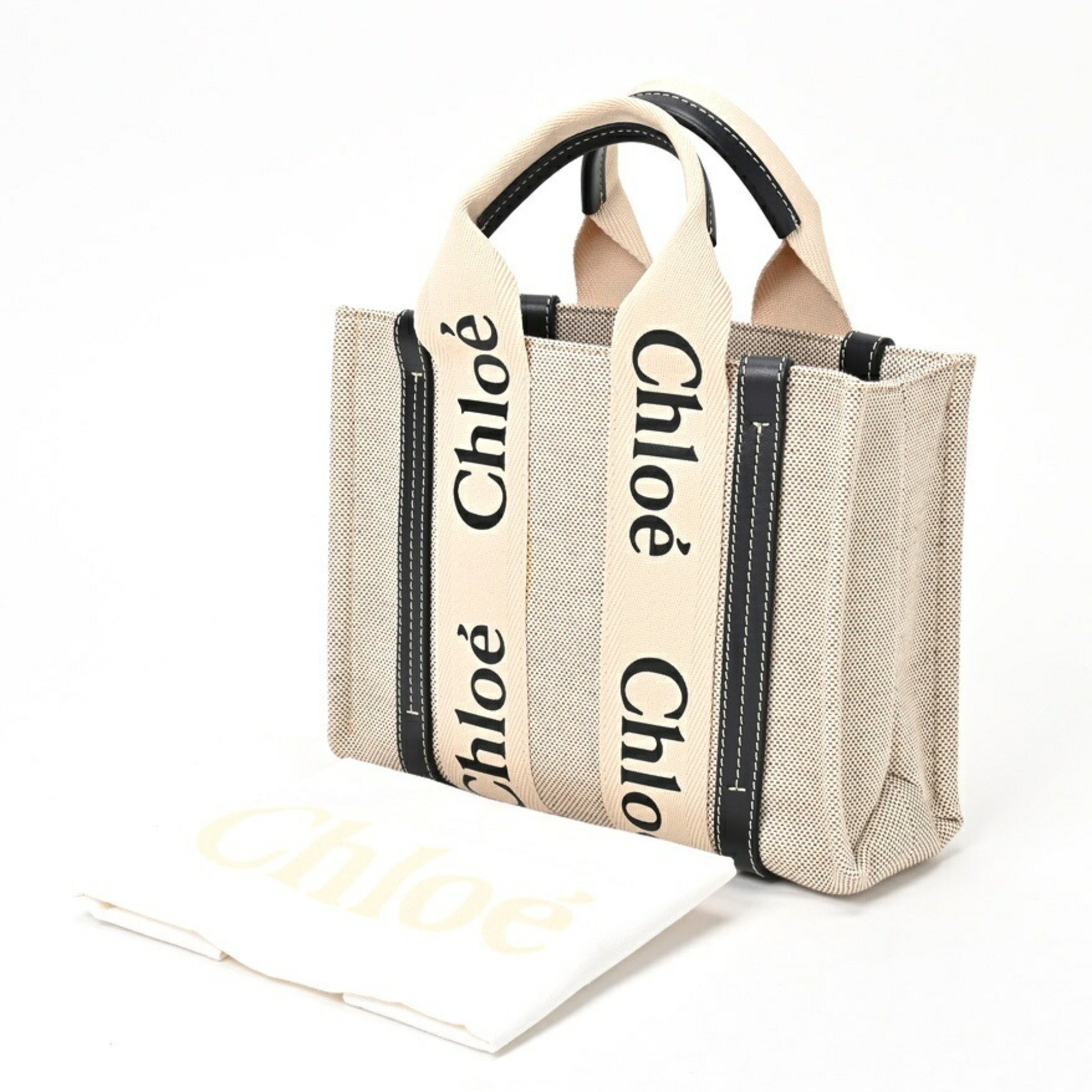 Chloé Chloe Woody Small Tote Bag Linen Canvas Calfskin White Blue (Navy) E-155637