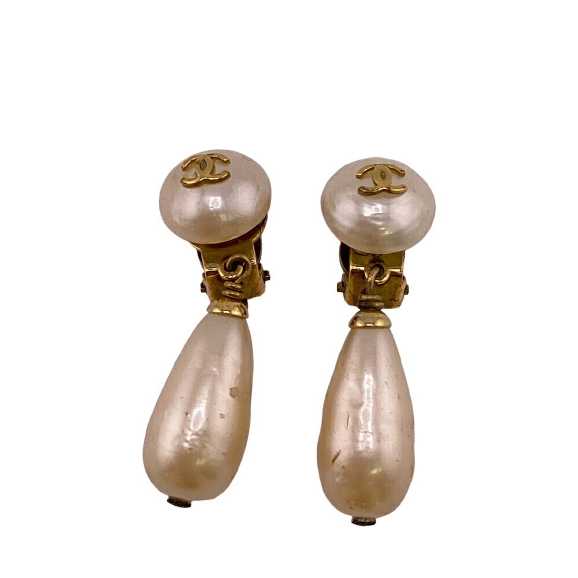 CHANEL 94A Faux Pearl Earrings Gold Women's