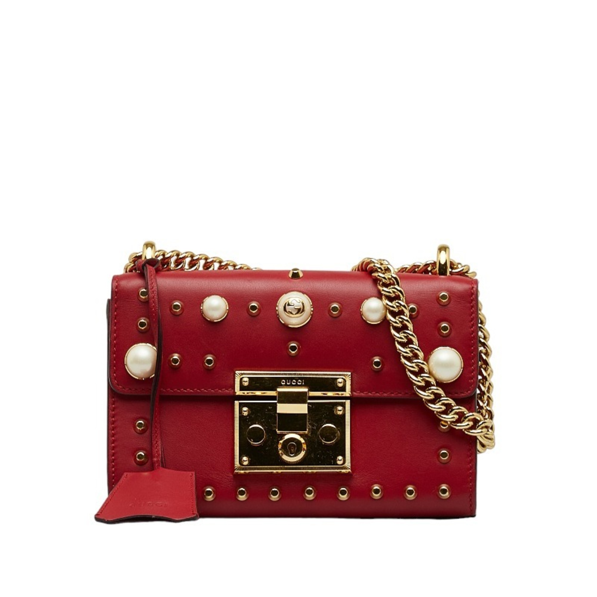 Gucci Paddock Studded Faux Pearl Chain Shoulder Bag 432182 Red Leather Women's GUCCI