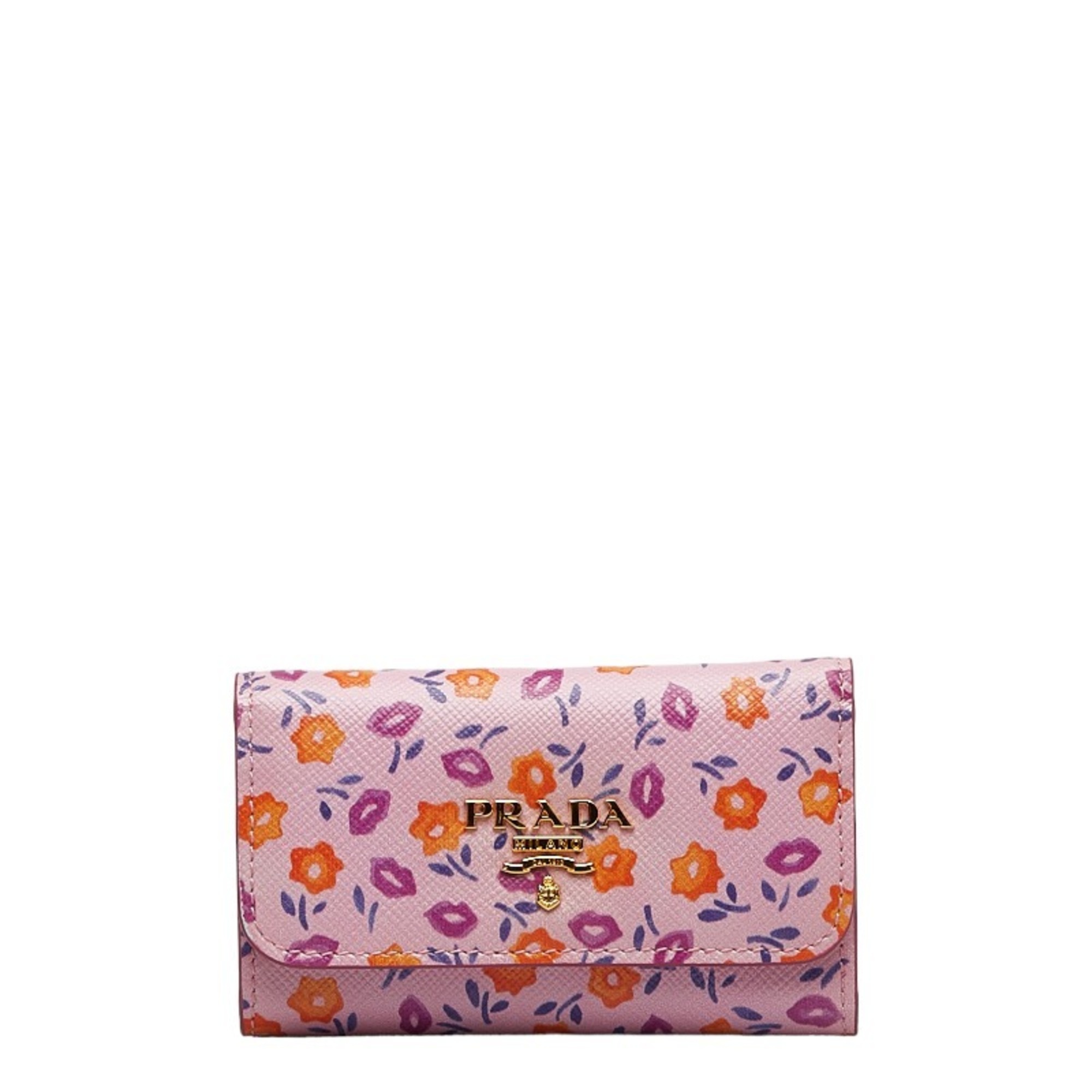 Prada Flower Key Case 1PG222 Pink Multicolor Leather Women's PRADA