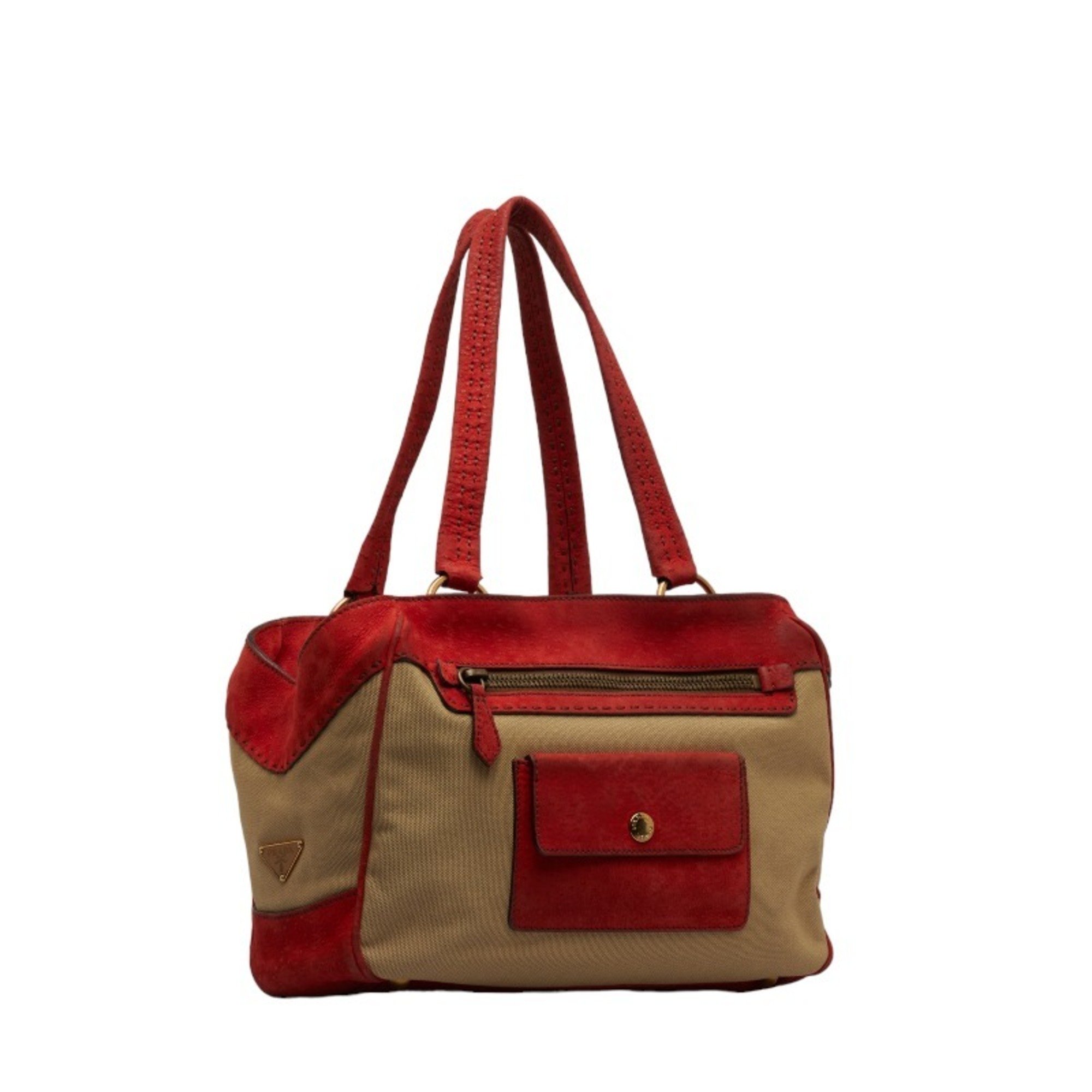 Prada handbag beige red canvas leather women's PRADA