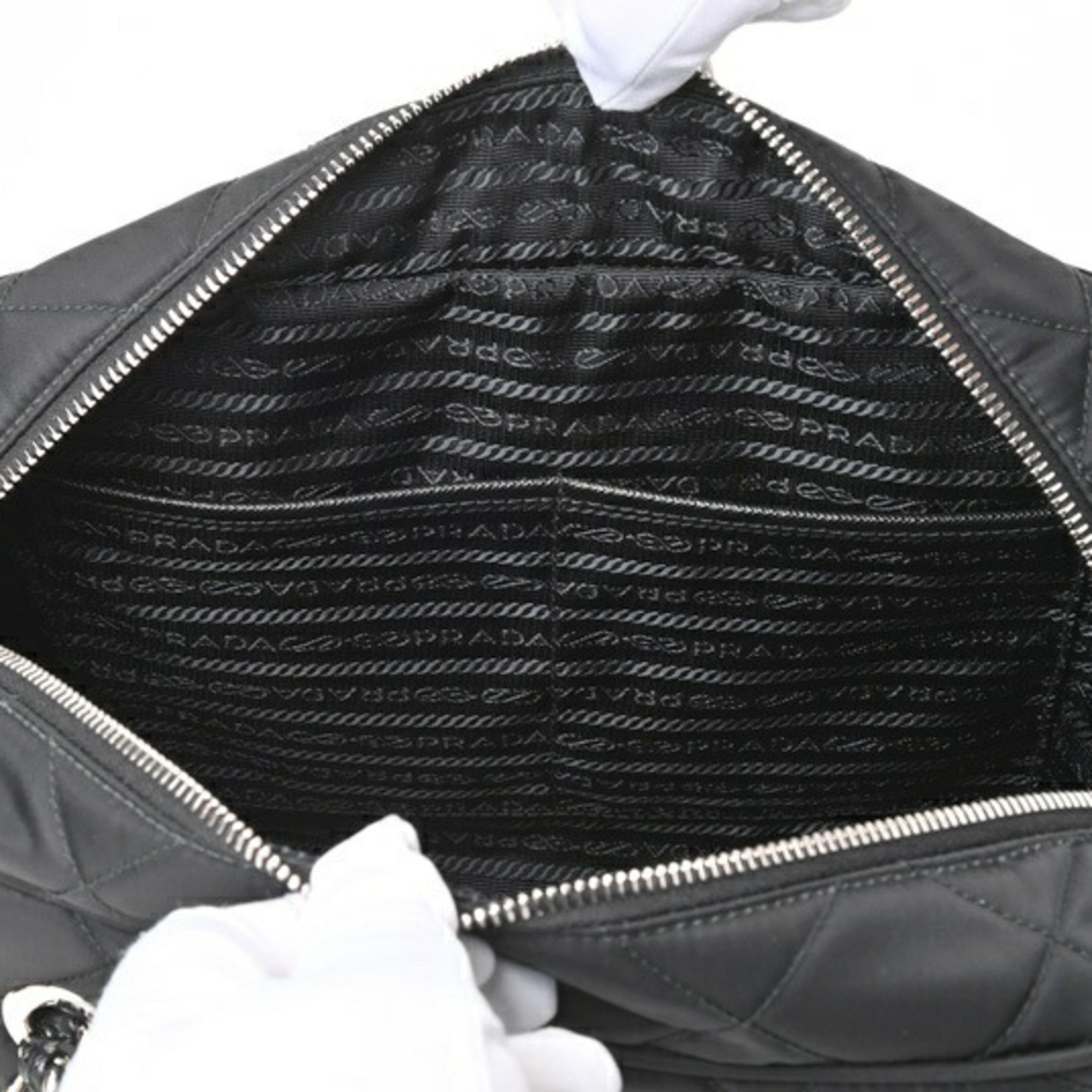 PRADA Quilted Chain Shoulder Boston Bag 1BB903 Nylon Nero (Black) E-155638