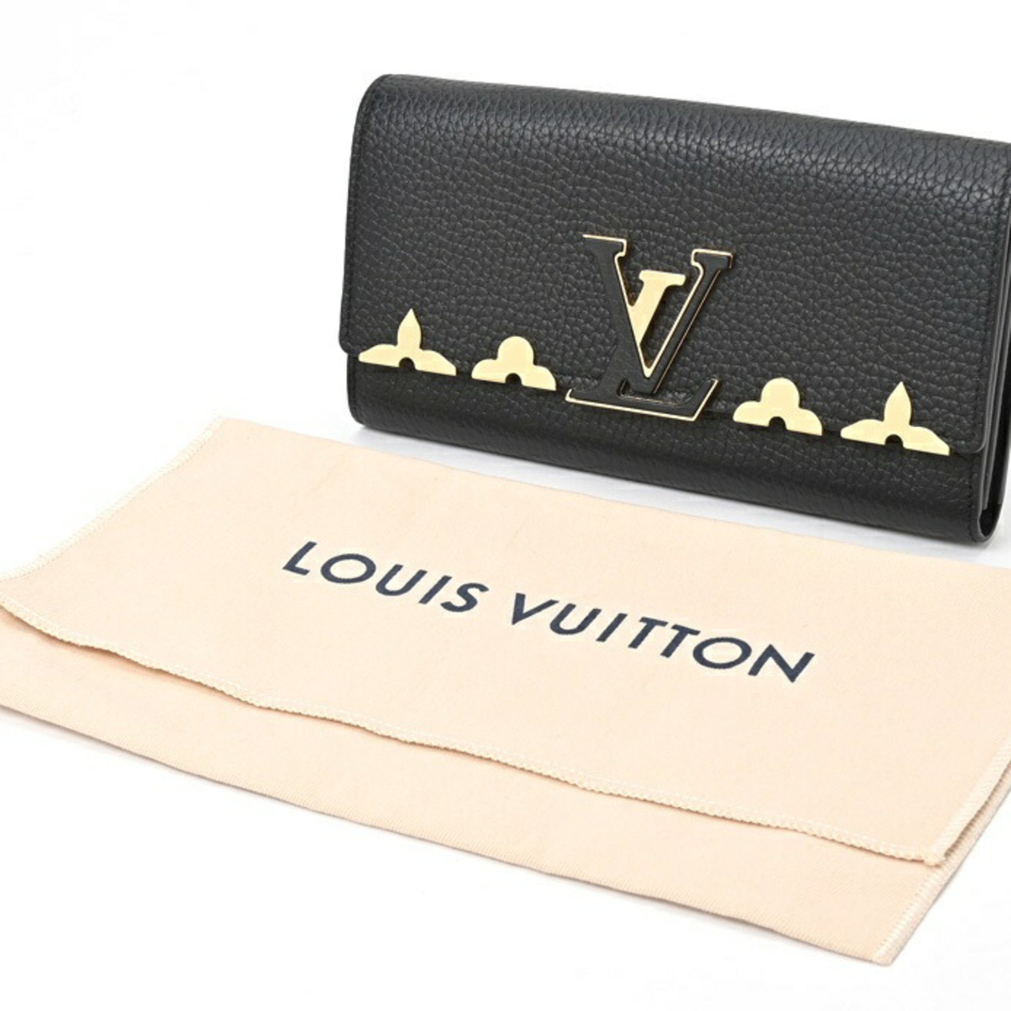 Louis Vuitton LOUIS VUITTON Portefeuille Capucines M64551 Taurillon Leather Black Gold S-155656