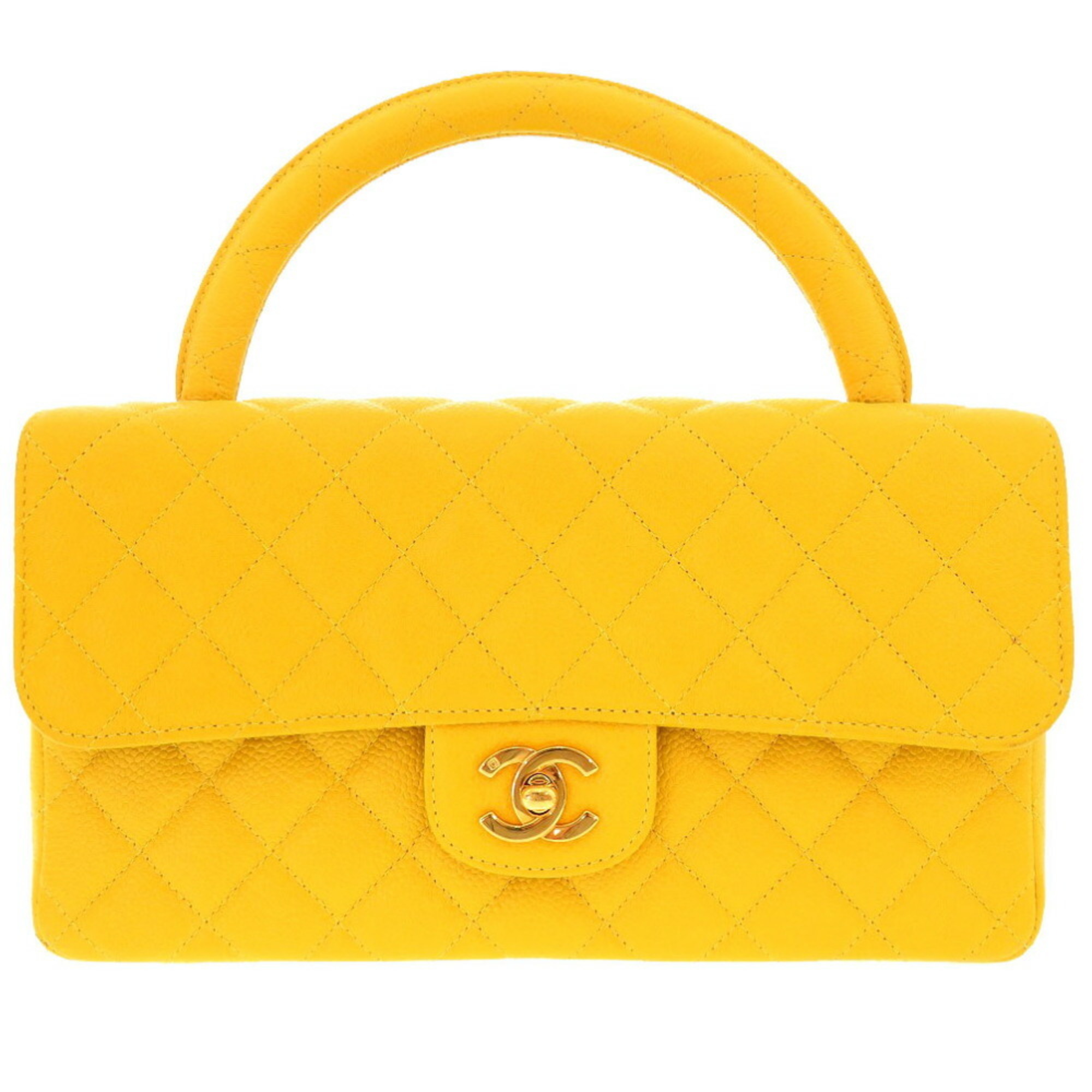 Chanel Matelasse Caviar Skin Yellow 4th Series Coco Mark Handbag 0114 CHANEL
