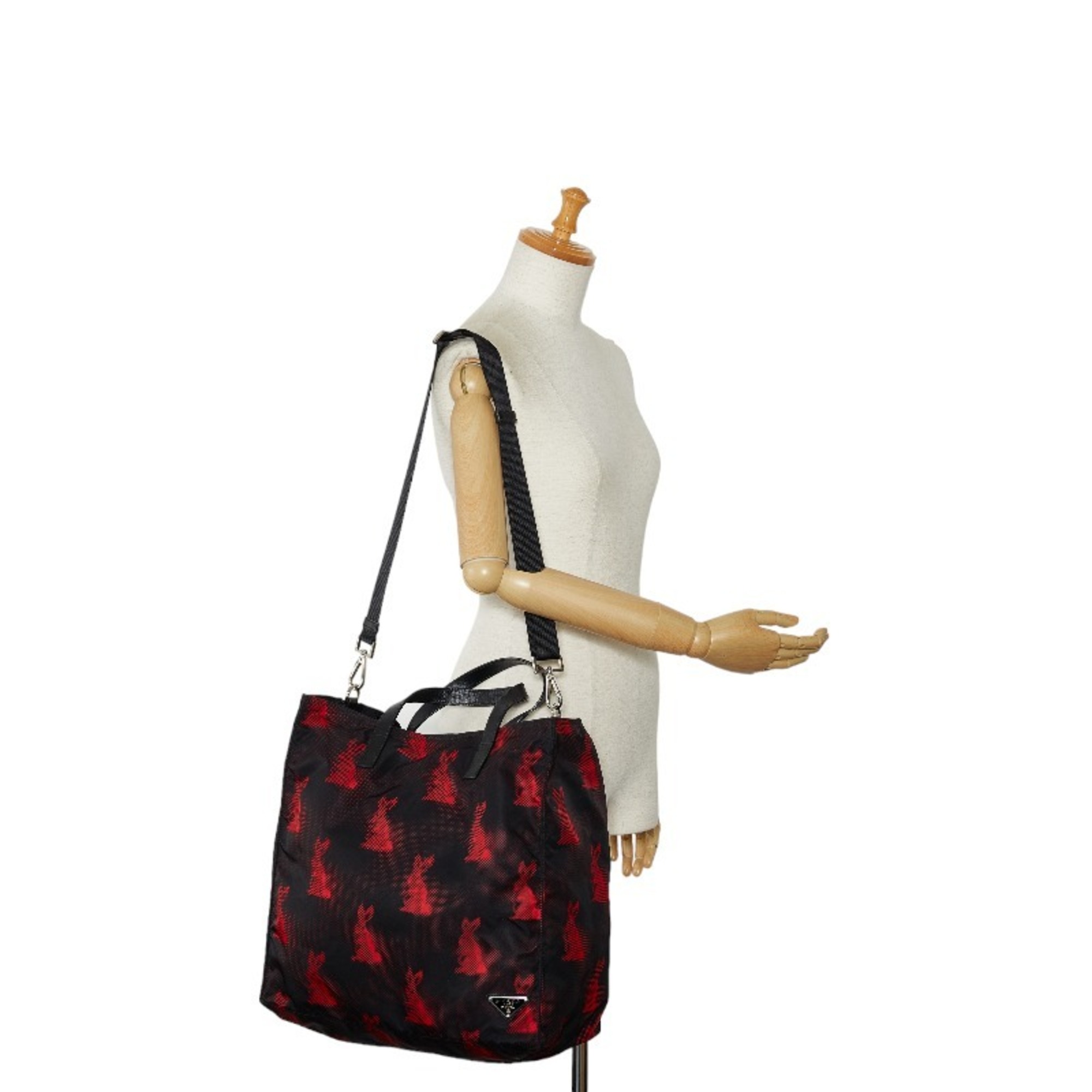 Prada Rabbit Tote Bag Shoulder Black Red Nylon Women's PRADA