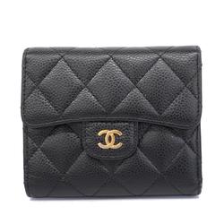 Chanel Tri-fold Wallet Matelasse Caviar Skin Black Women's