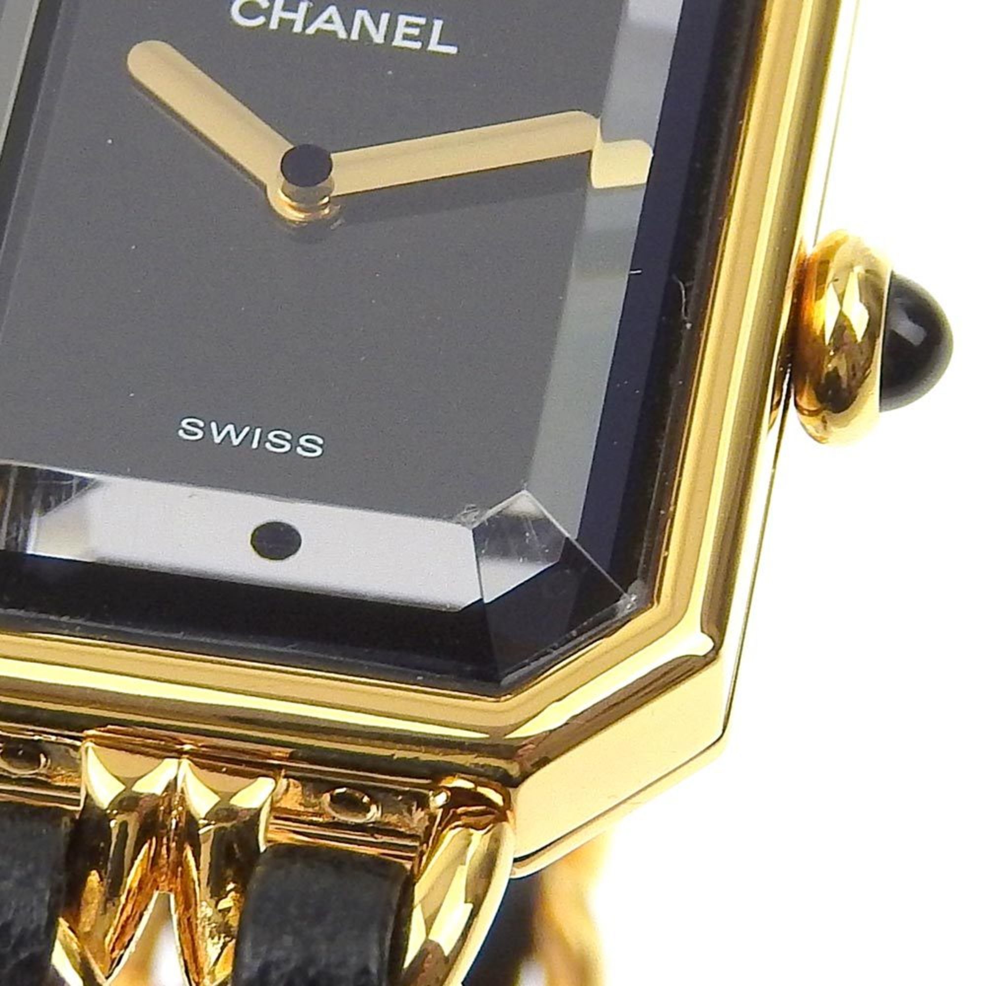 Chanel CHANEL Premiere S Watch H0001 Gold Plated x Leather Quartz Analog Display Black Dial Ladies