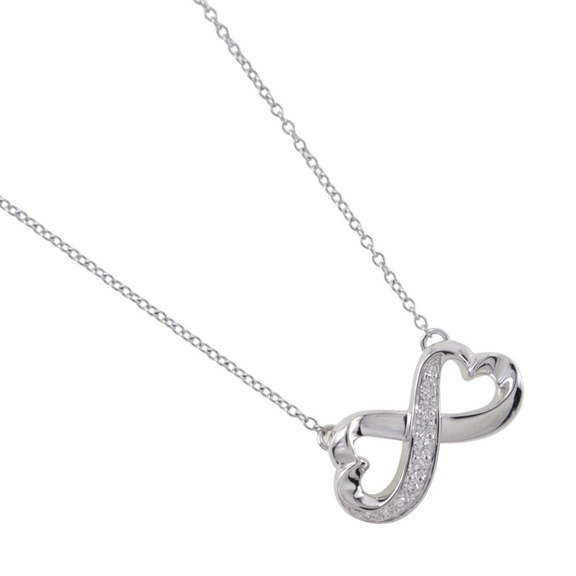 Tiffany & Co. Double Loving Heart Necklace, K18 White Gold x Diamond, Approx. 3.7g, rubbing heart, Women's