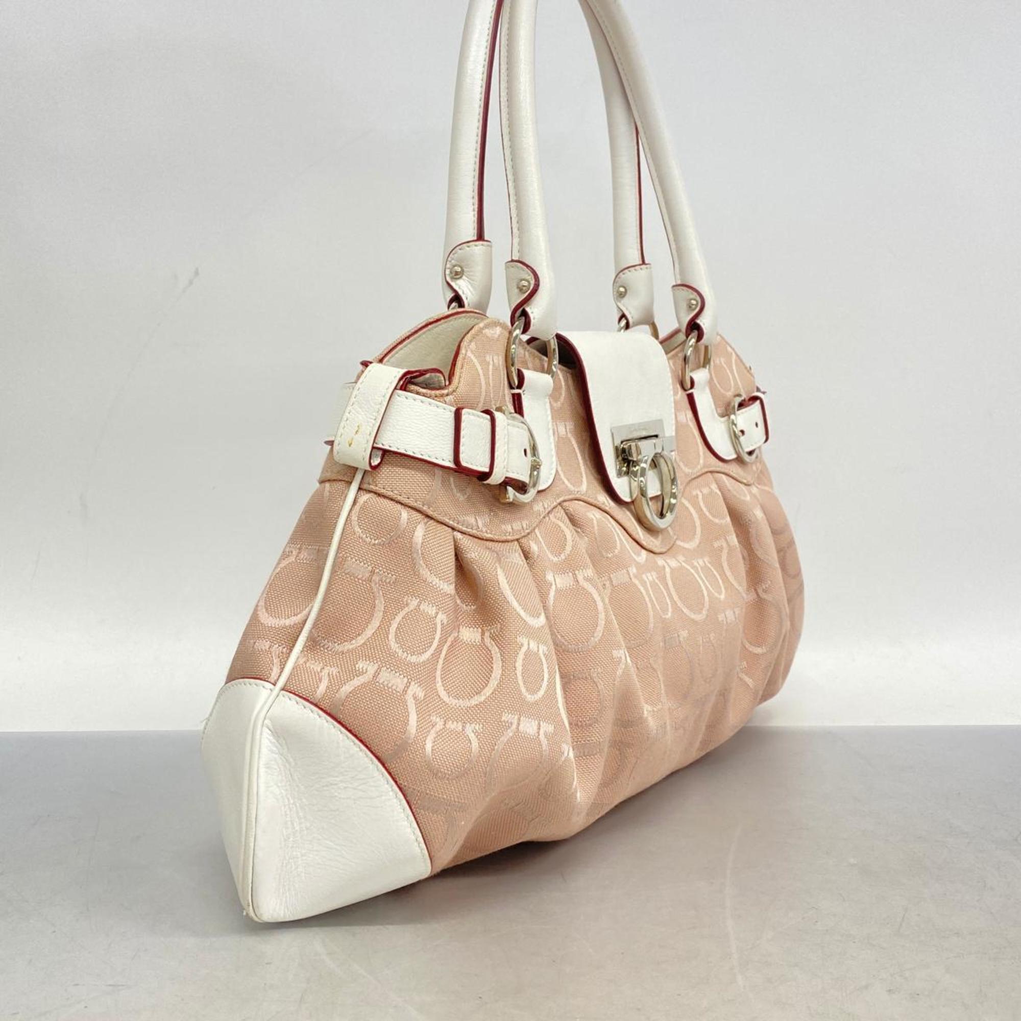 Salvatore Ferragamo Handbag Gancini Nylon Canvas Leather Pink White Women's