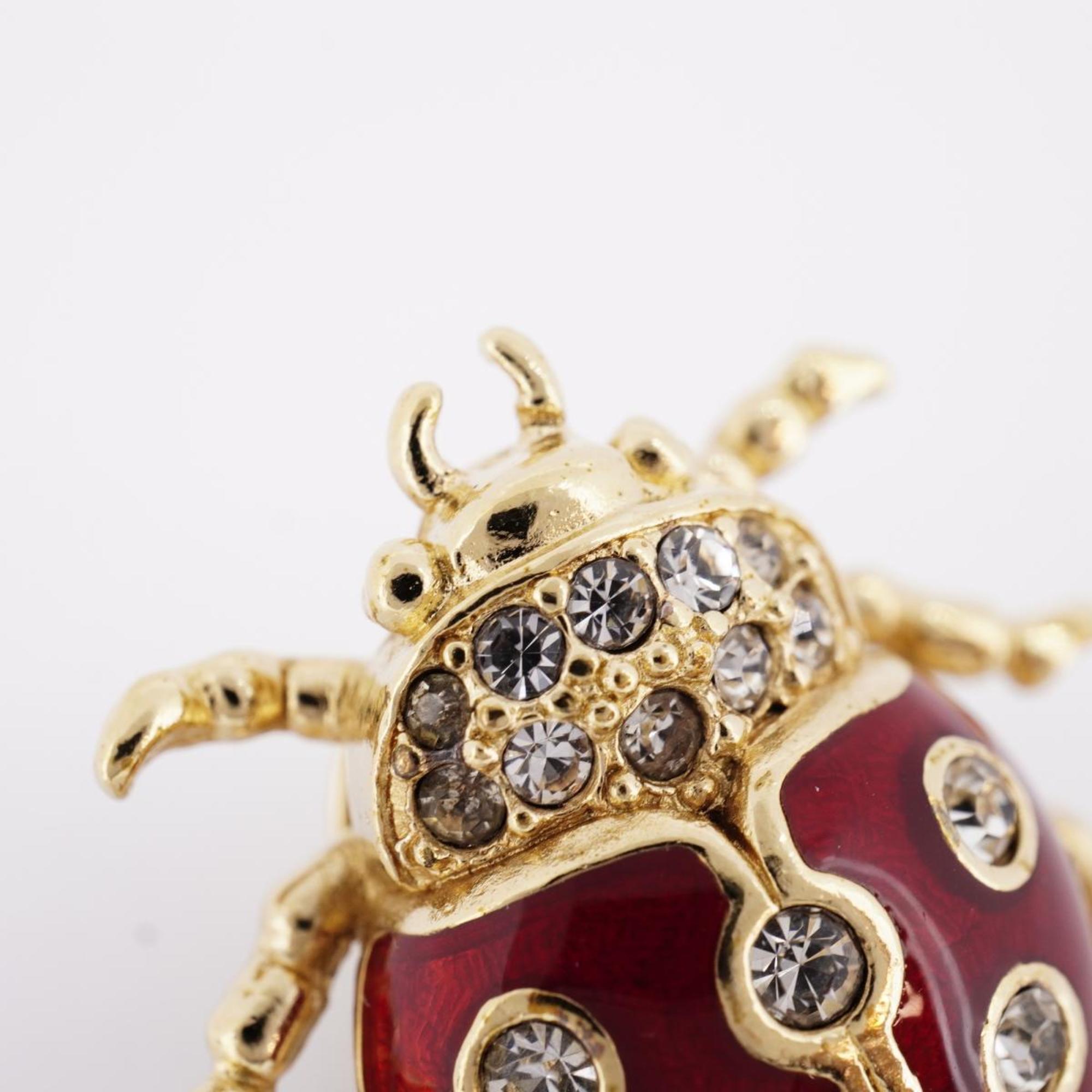 Christian Dior Brooch Ladybug Motif Rhinestone GP Plated Gold Red Women's