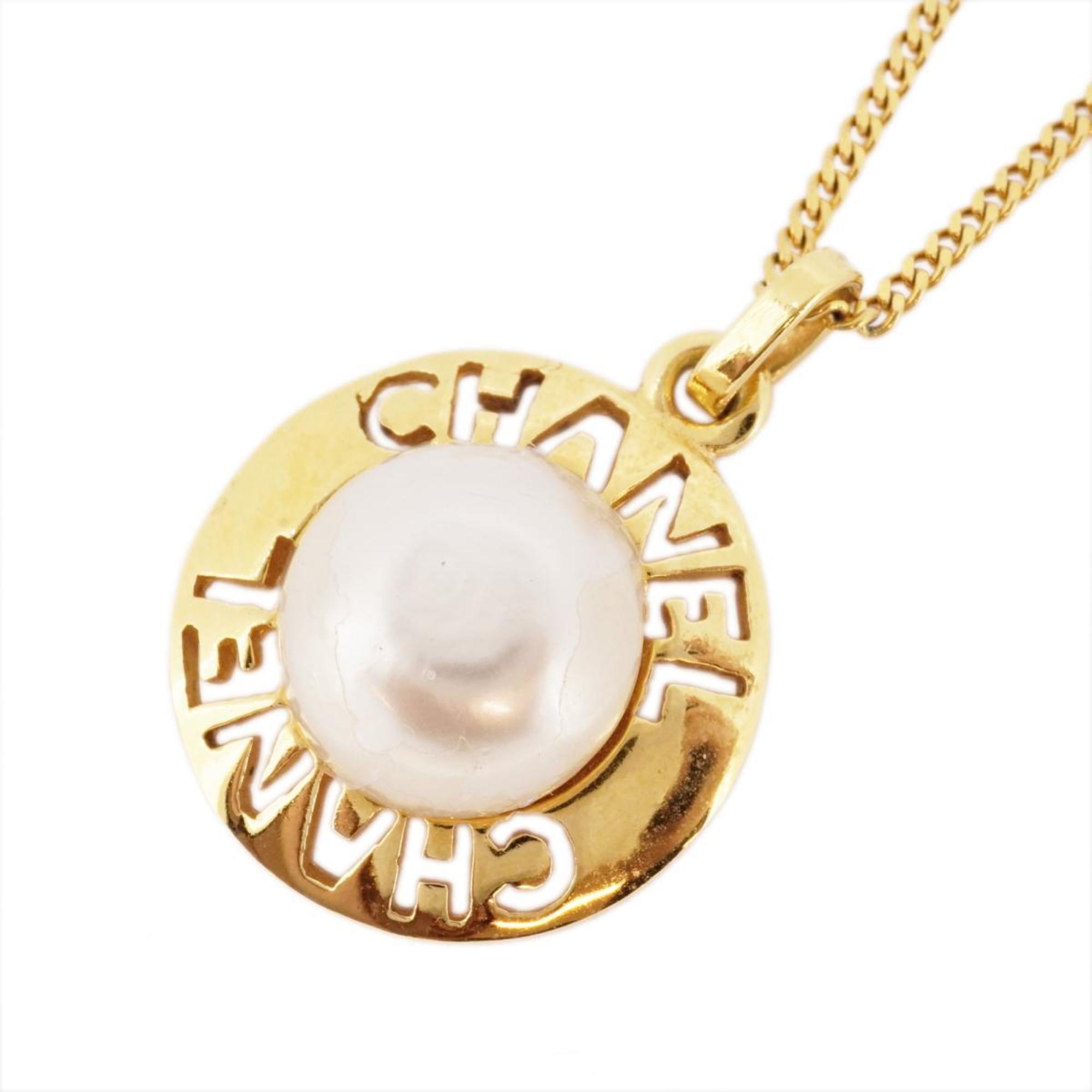 Chanel Necklace Circle Faux Pearl GP Plated Gold Women's