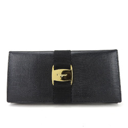 Salvatore Ferragamo Vara Long Wallet Embossed Leather Black Ribbon Bifold Women's
