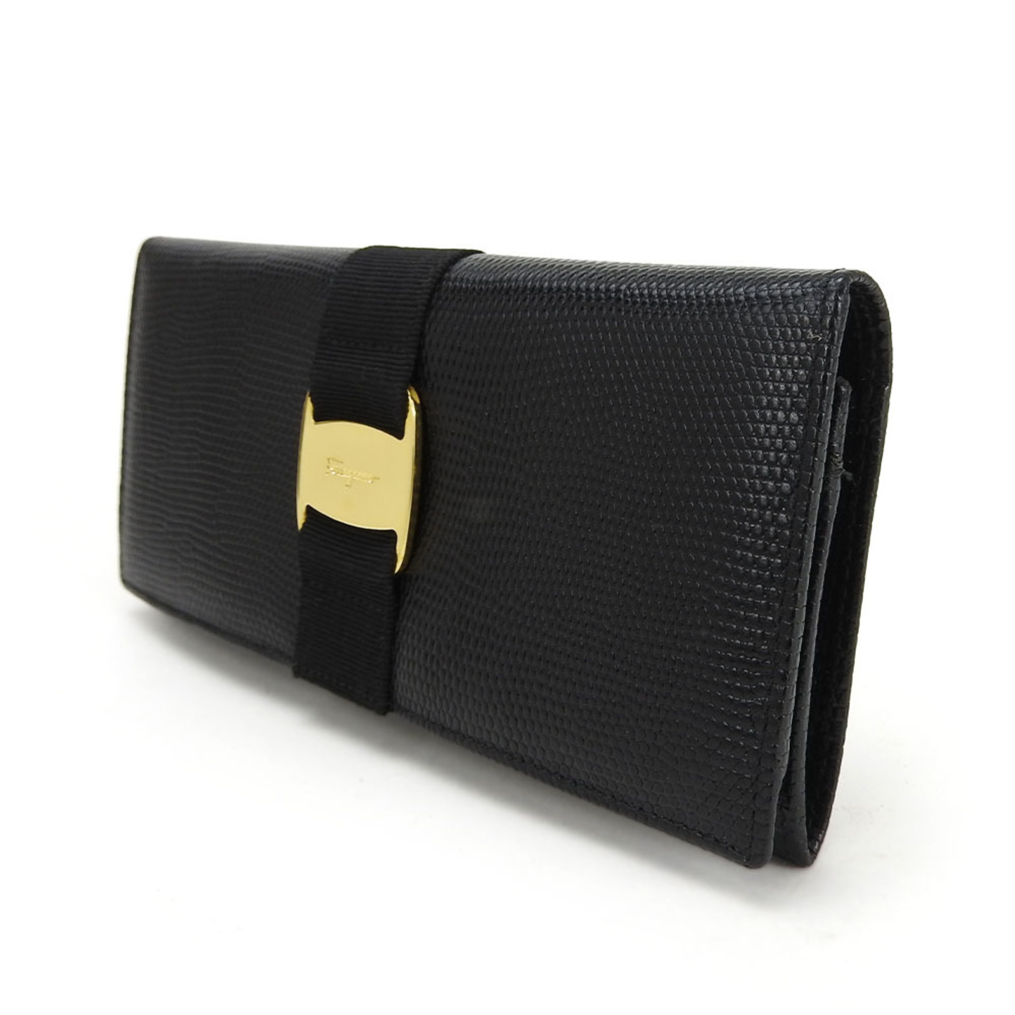 Salvatore Ferragamo Vara Long Wallet Embossed Leather Black Ribbon Bifold Women's