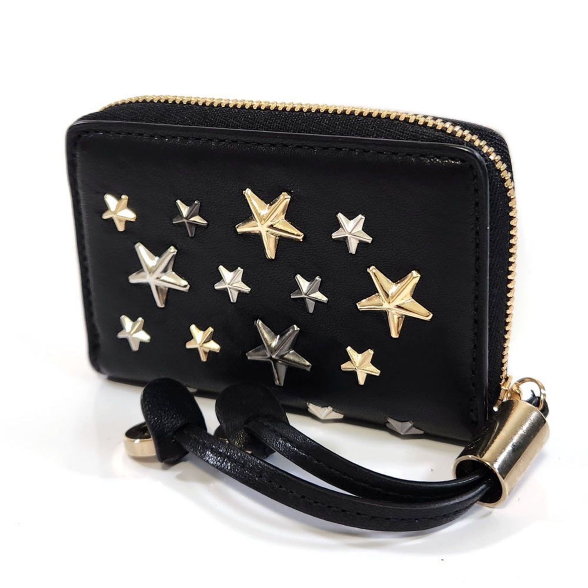 JIMMY CHOO Star Studs Wallet/Coin Case NELLIE Coin Purse Women's Black Leather