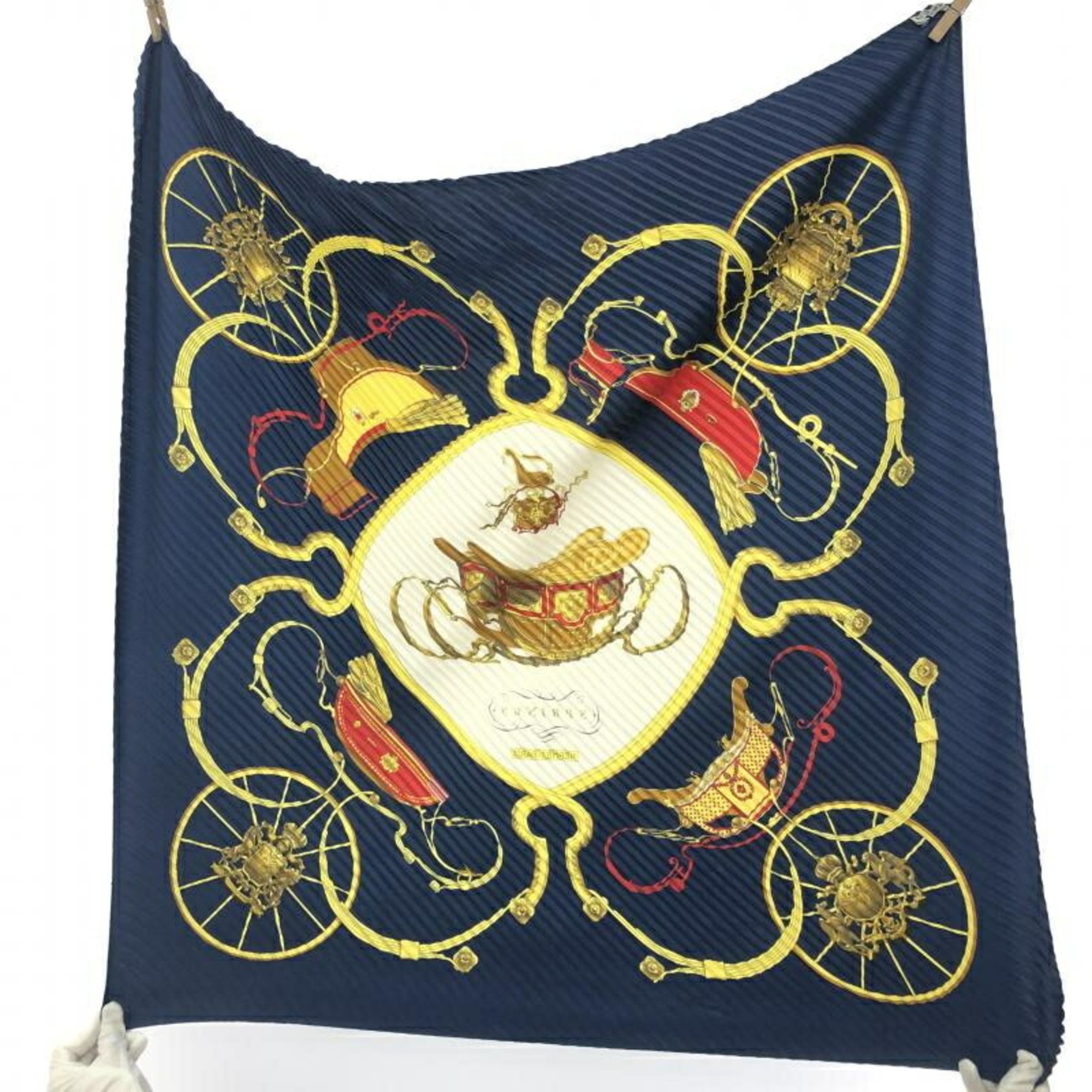 HERMES Carre 90 Pleated Scarf SPRINGS Navy Hermes