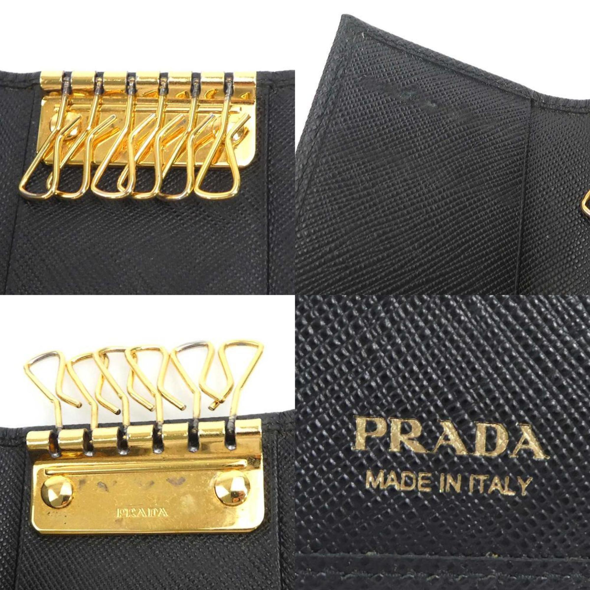 PRADA key case leather metal black gold women's e58726f