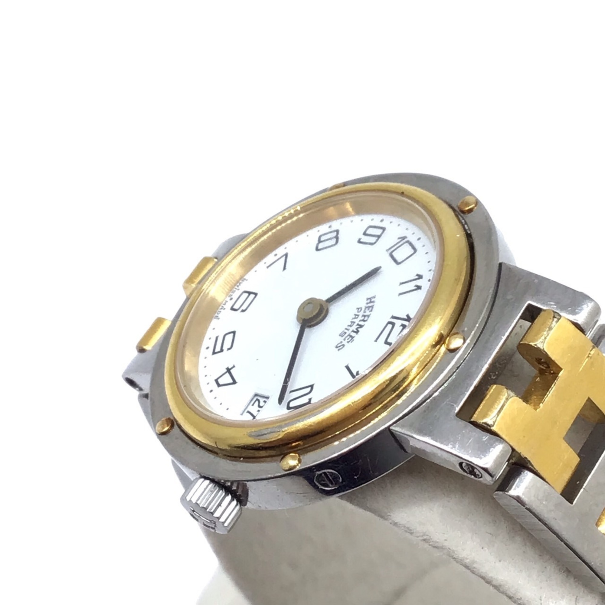 HERMES Clipper CL3.240 Gold Silver Stainless Steel GP White Dial Wristwatch Quartz Date Ladies