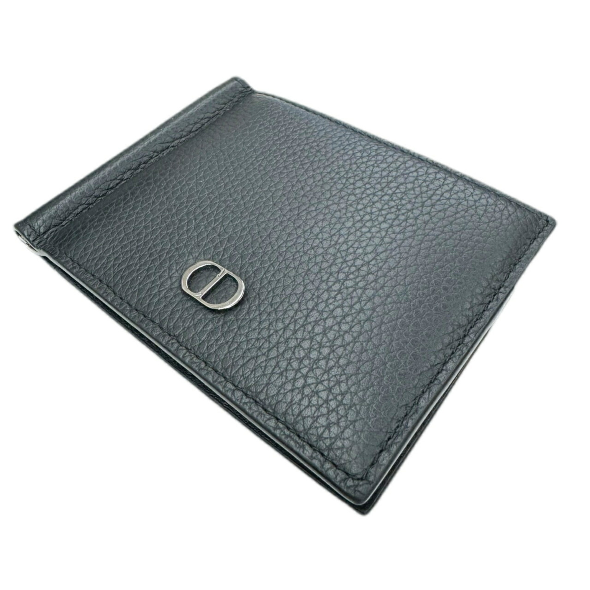 Christian Dior Bi-fold wallet with money clip Business card holder/card case Wallet Leather Black Men's CD metal Embossed leather button Calfskin