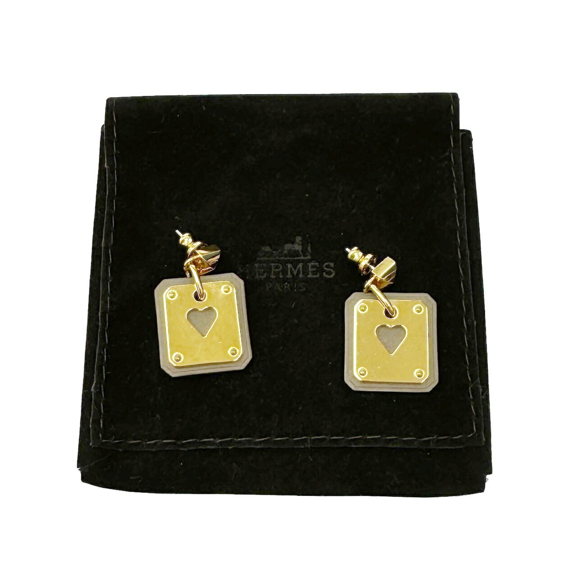 HERMES As de Coeur Earrings Ace of Hearts Playing Cards Swift Leather Gold Brown Z Stamp Women's