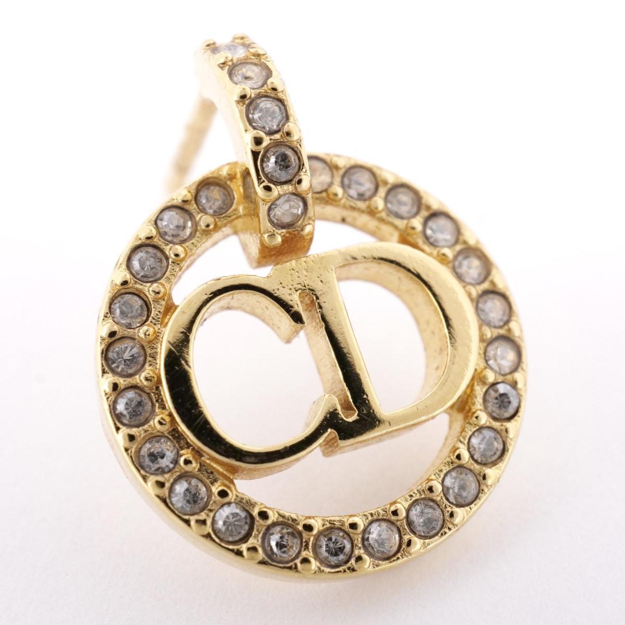 Christian Dior Earrings CD Circle Rhinestone GP Plated Gold Women's