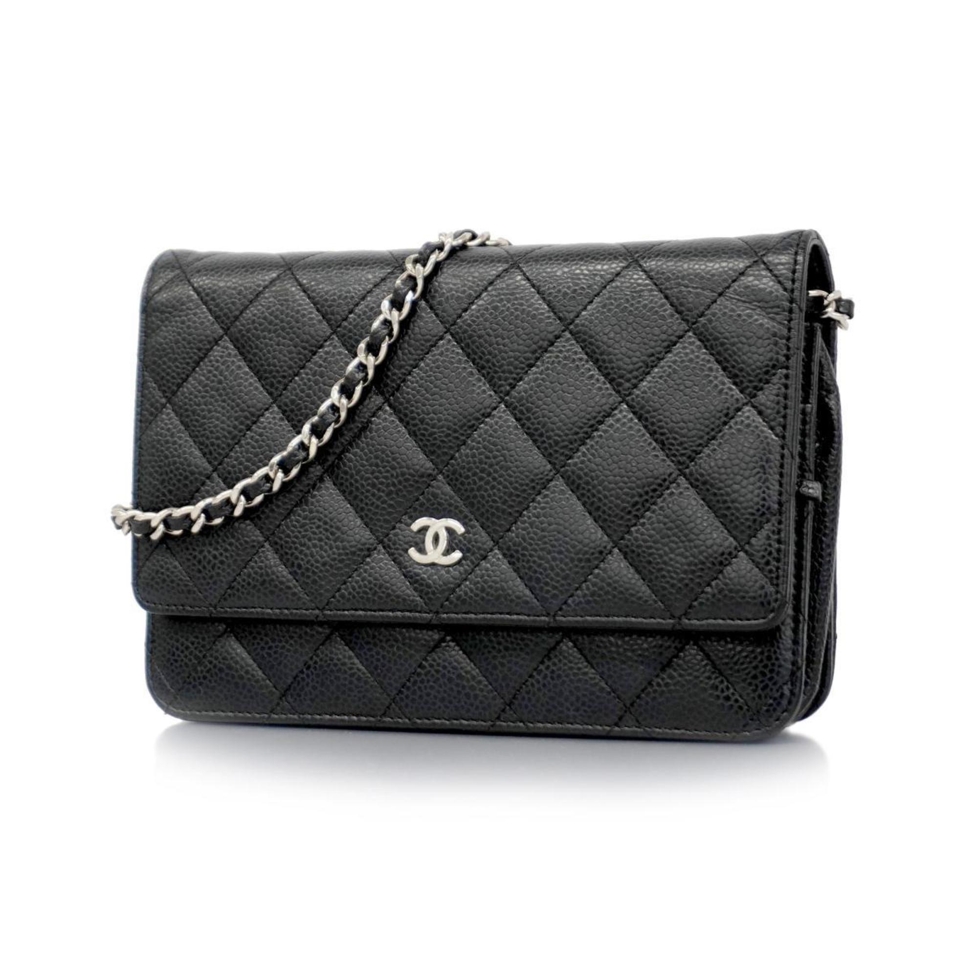 Chanel Shoulder Wallet Matelasse Chain Caviar Skin Black Women's