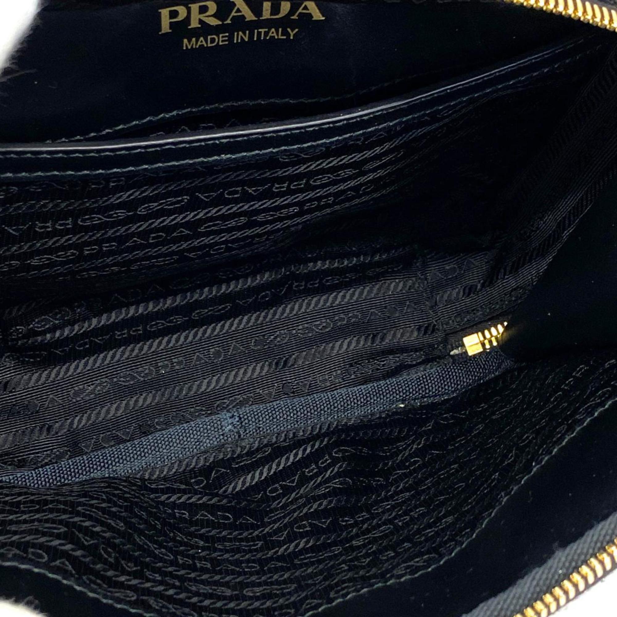 Prada Shoulder Bag Canvas Black Beige Women's