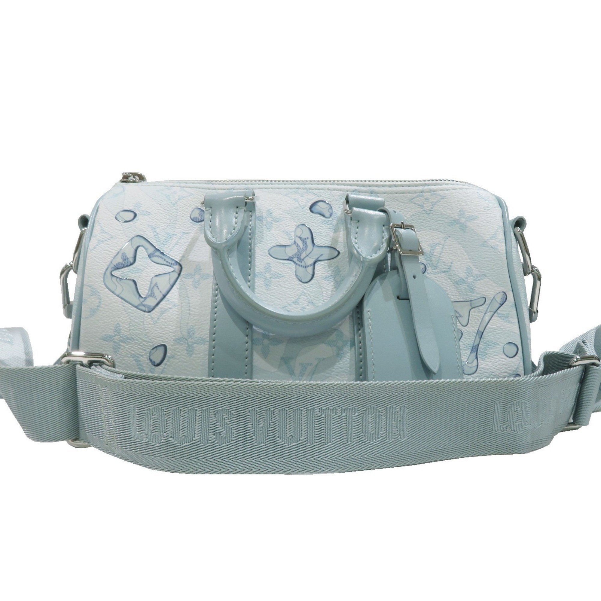 LOUIS VUITTON Keepall Bandouliere 25 Shoulder Bag M22527 Crystal Blue Monogram Aqua Garden Canvas Women's Men's Leather