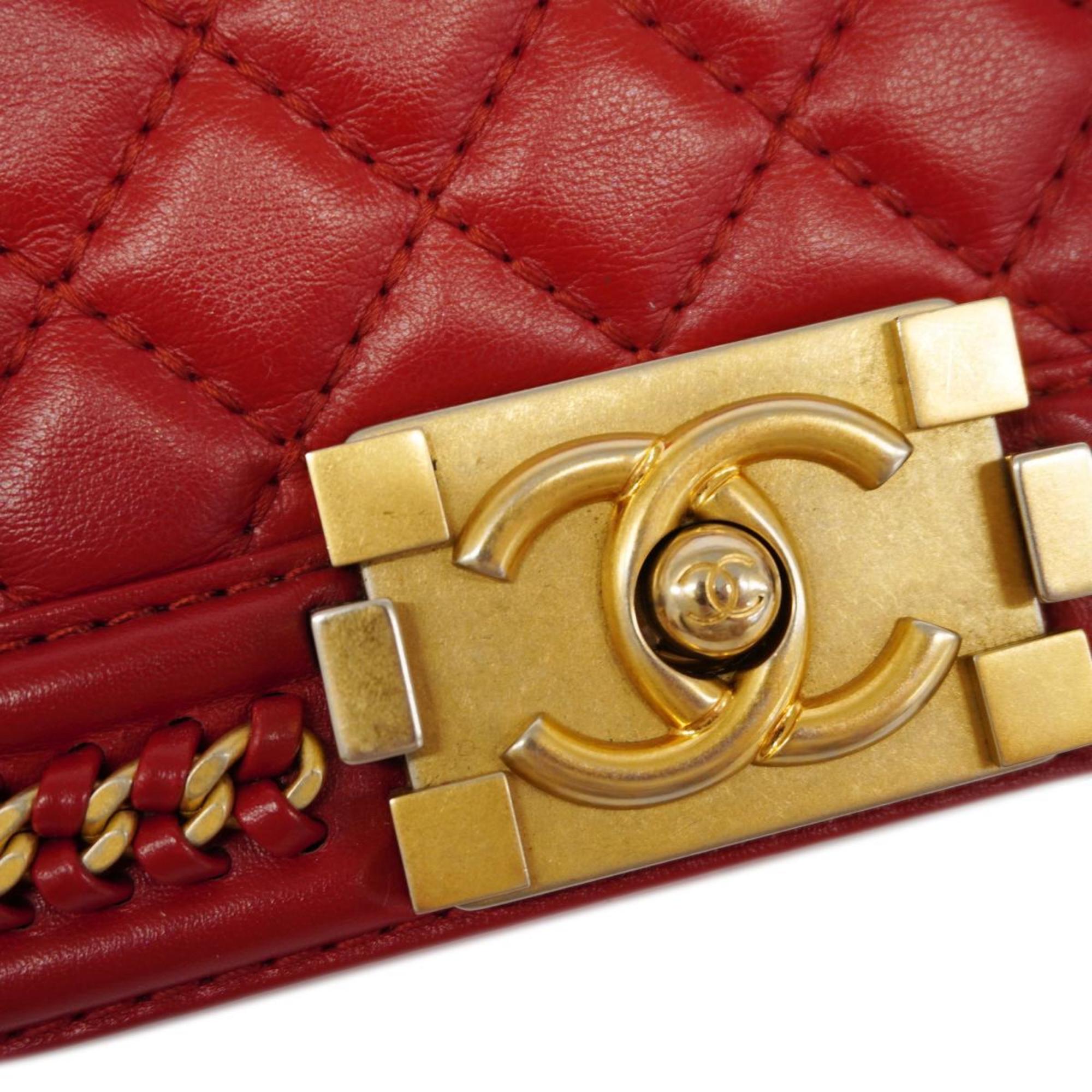 Chanel Handbag Boy Chain Shoulder Lambskin Red Women's