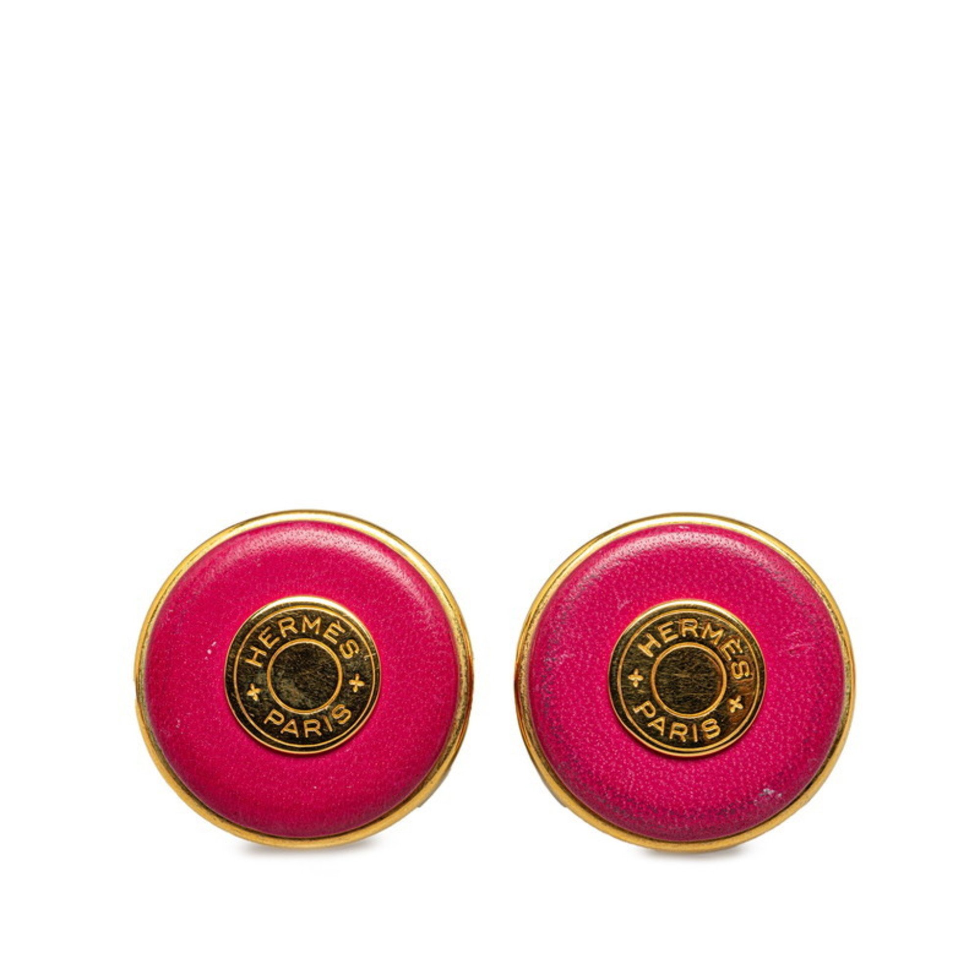 Hermes Serie Earrings Pink Gold Leather Plated Women's HERMES