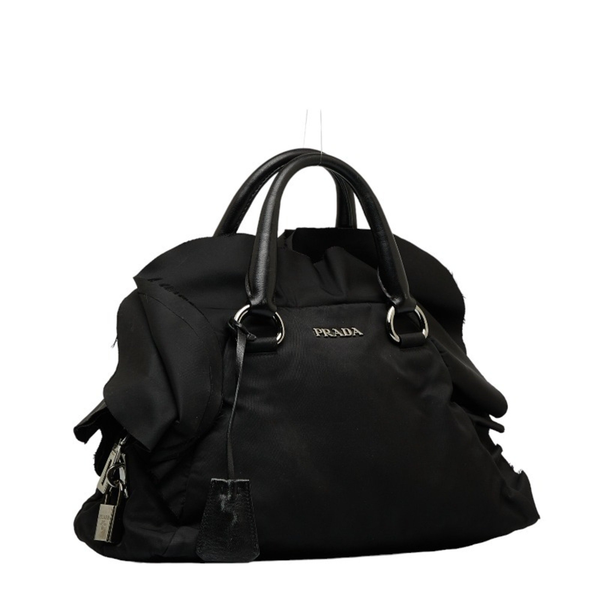 Prada Ruffle Handbag Black Nylon Leather Women's PRADA