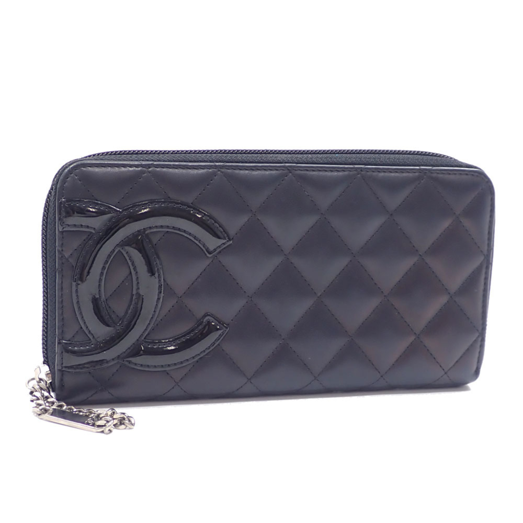 Chanel Round Long Wallet Cambon Line Women's Black Leather A50078 Coco Mark