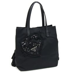 Prada handbag black nylon leather bag heart bejeweled women's PRADA