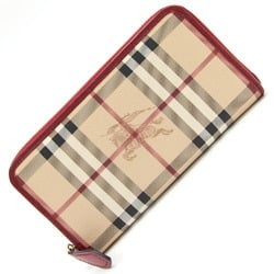 Burberry Round Long Wallet Beige Red PVC Leather Check Women's BURBERRY