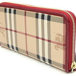 Burberry Round Long Wallet Beige Red PVC Leather Check Women's BURBERRY
