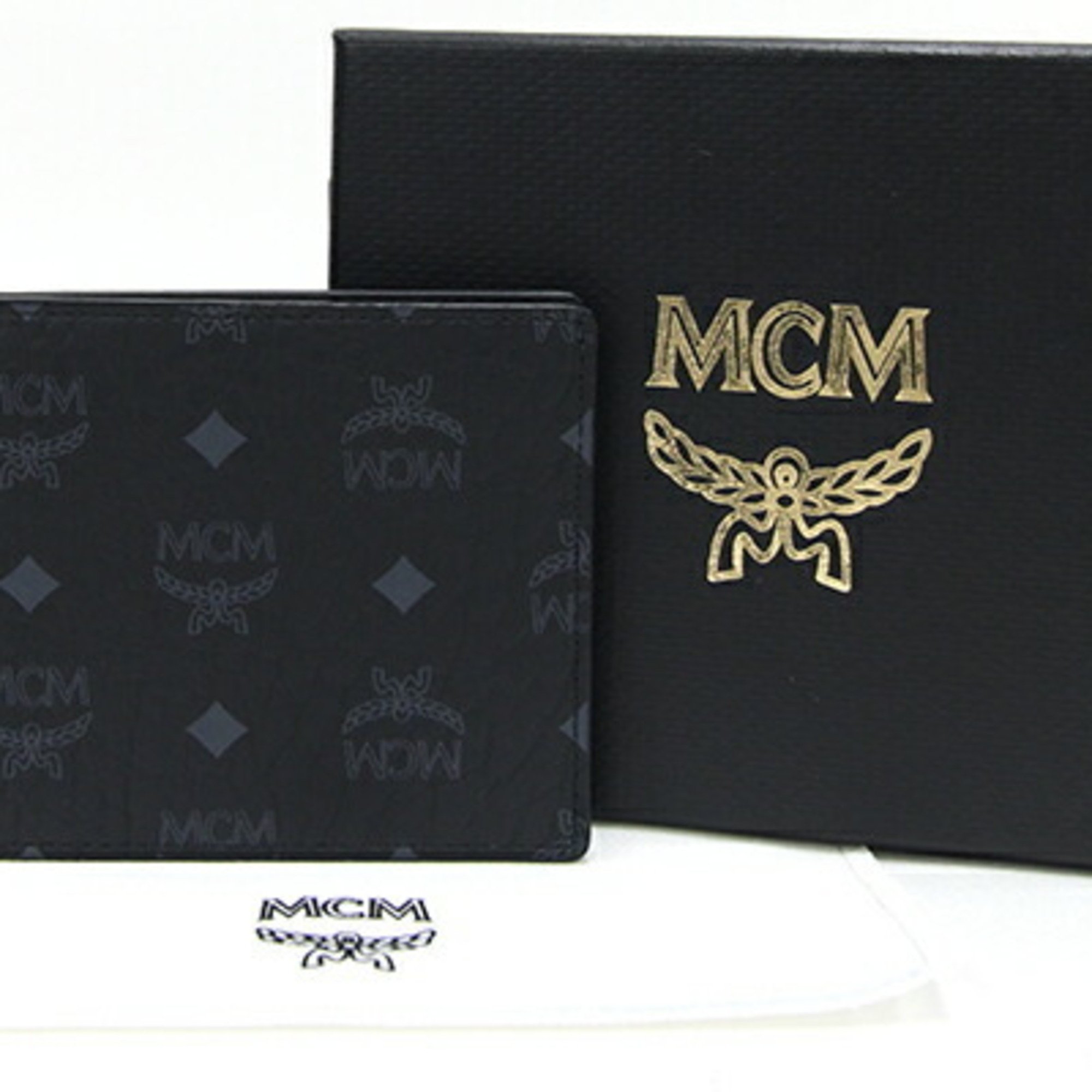 MCM Money Clip Visetos MXC AAVI01 Black Leather Bi-fold Wallet Bill Men's