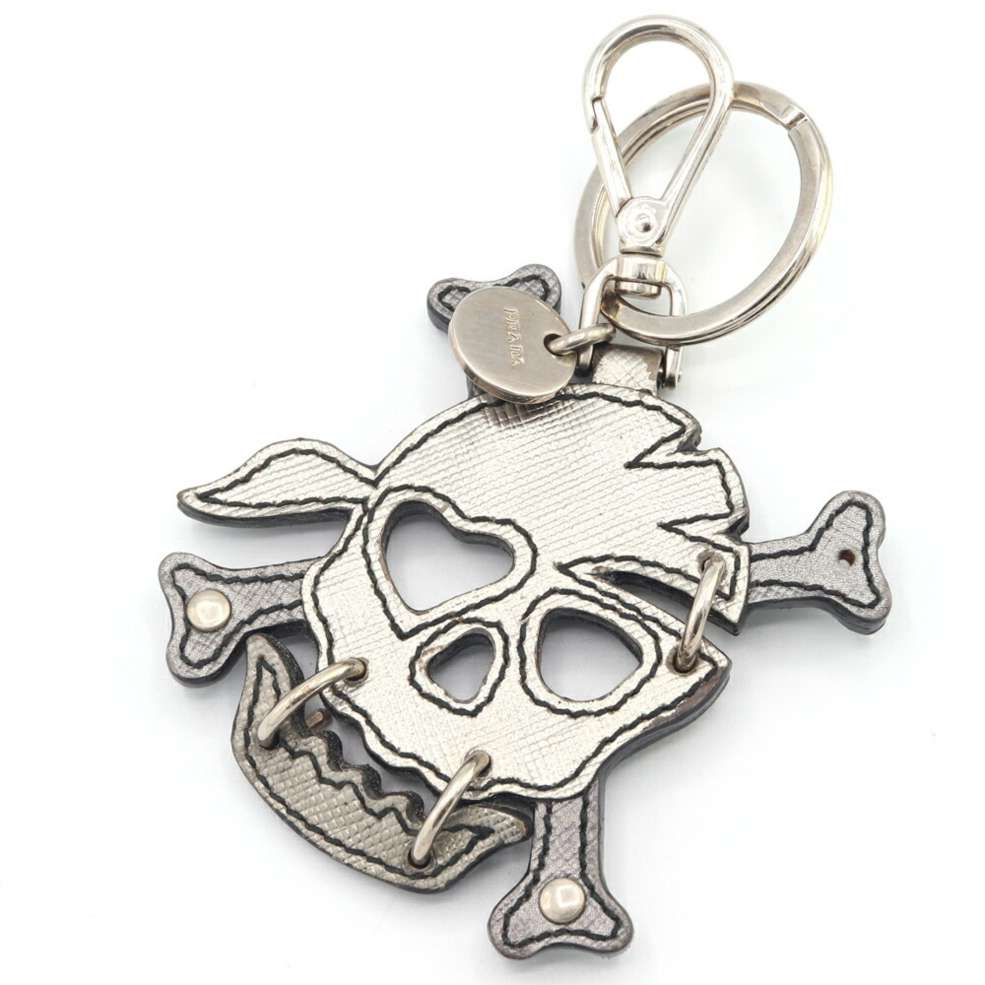 Prada Skull Keychain 1AR3 Grey Silver Leather Metal Skeleton Bag Charm Keyring Men Women PRADA
