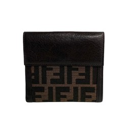 FENDI ZUCCA FF metal fittings leather canvas bi-fold wallet compact brown 23340