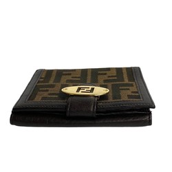 FENDI ZUCCA FF metal fittings leather canvas bi-fold wallet compact brown 23340