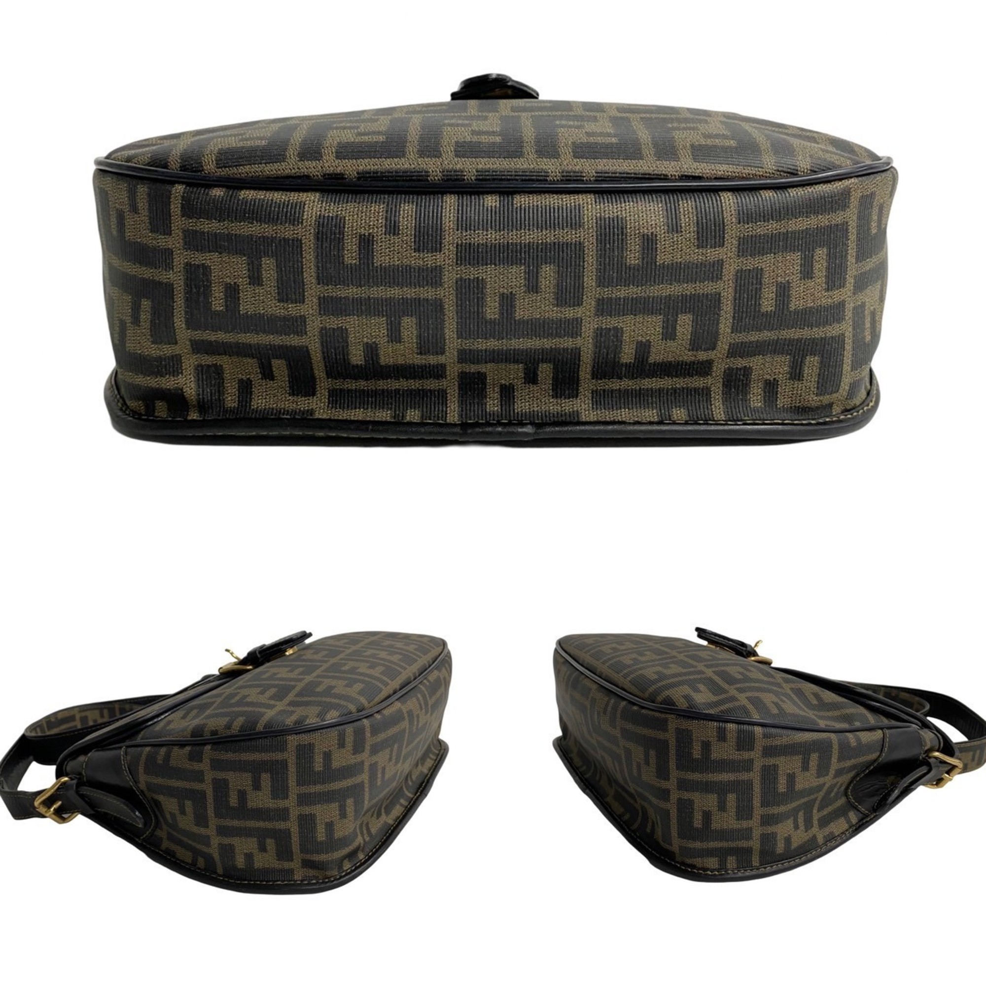 FENDI ZUCCA FF Leather Shoulder Bag Crossbody Black Khaki 62199