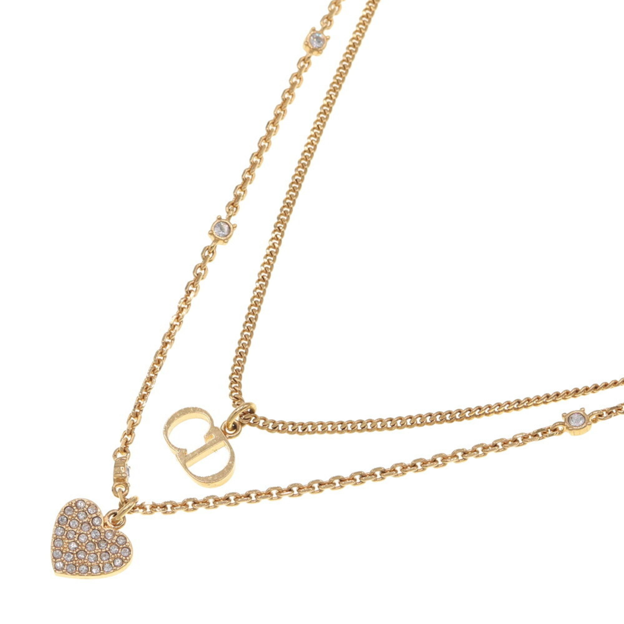 Christian Dior Dior Necklace Clair D Lune Gold Metal Rhinestone Heart CD Pendant Women's Double DIOR