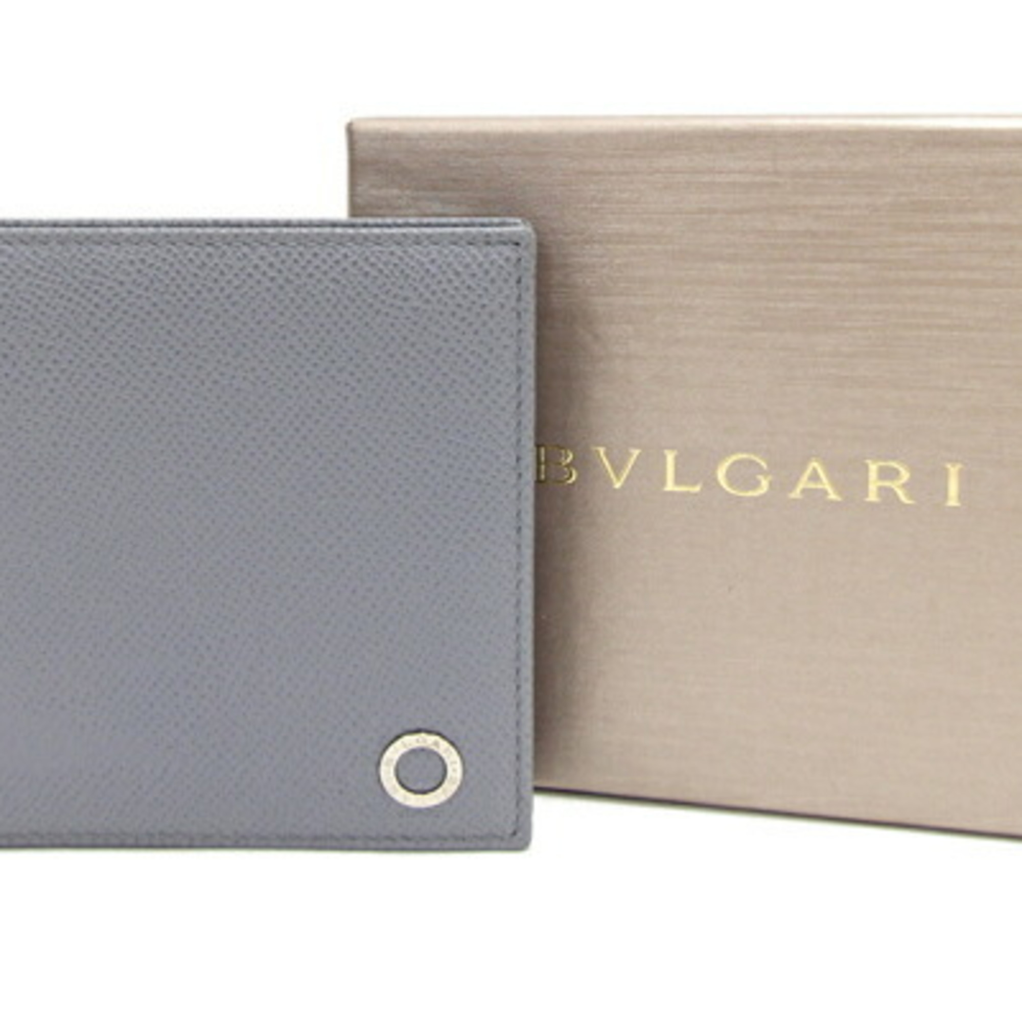 BVLGARI Bi-fold Wallet 30397 Grey Leather Compact with Coin Purse Men's