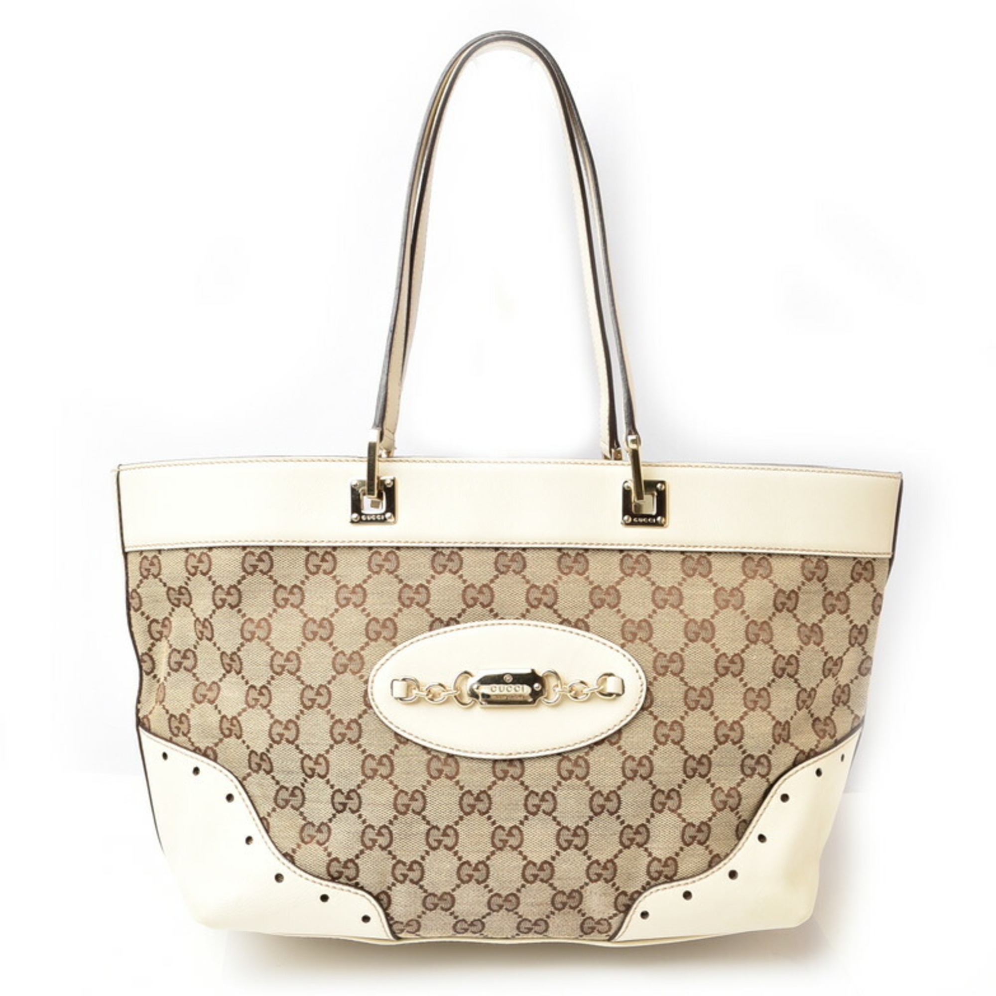 GUCCI Tote Bag Plate GG Brown Beige Ivory 145993