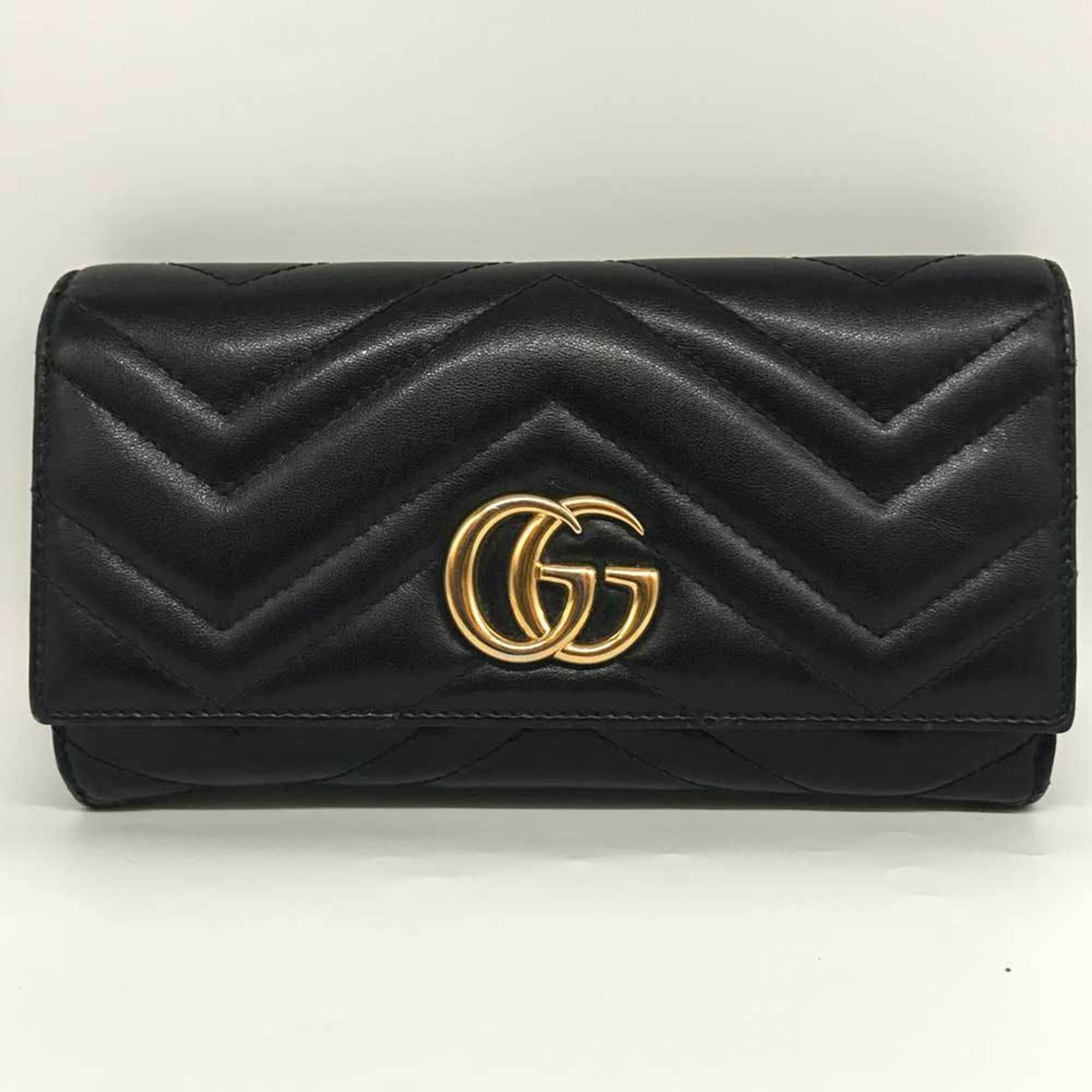 Gucci GG Marmont Continental Wallet Chevron Quilted Leather Flap Black Noir GUCCI 443436
