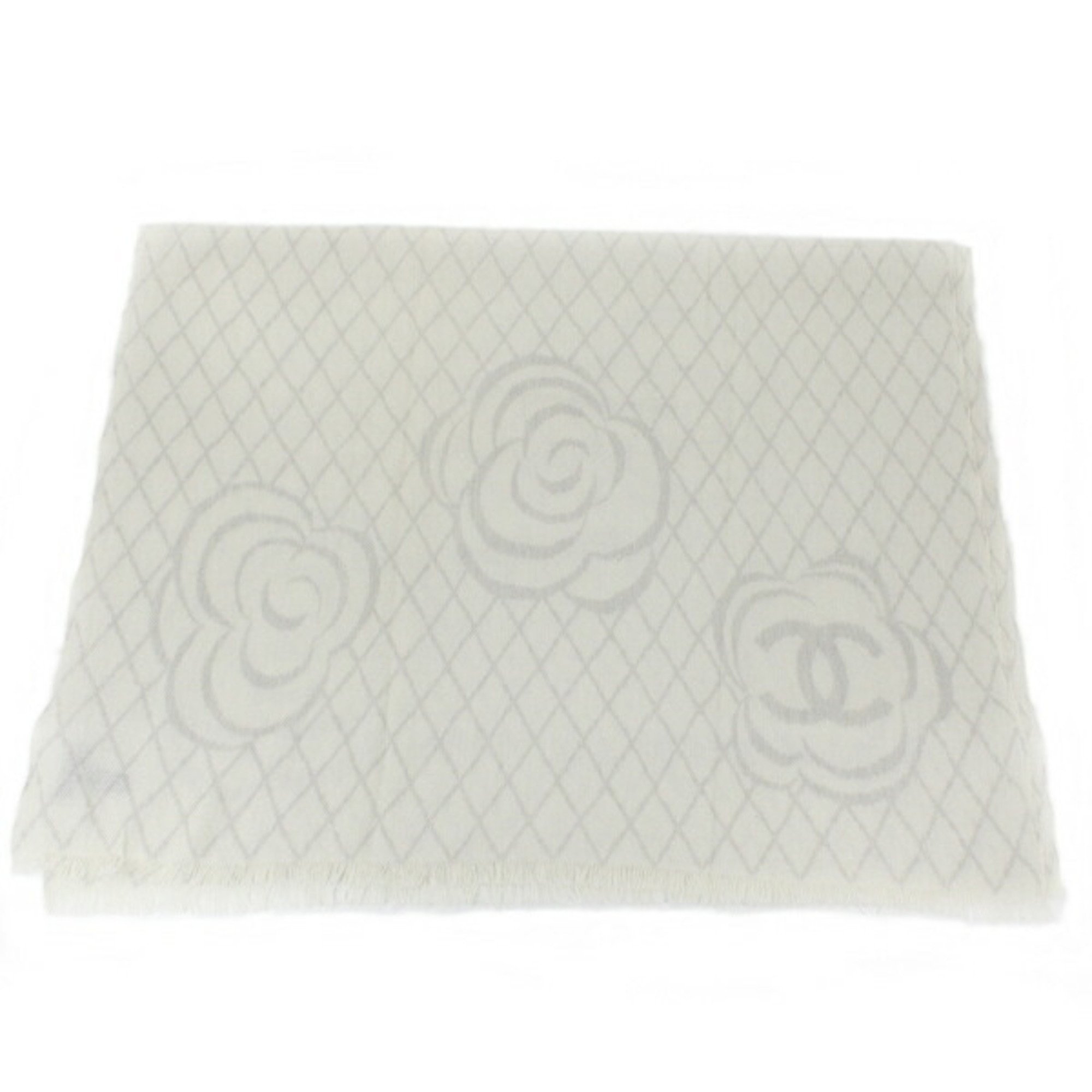Chanel Shawl Stole Coco Mark Camellia Cashmere Silk Off-white x Gray 200cm Scarf Women's CHANEL T4762
