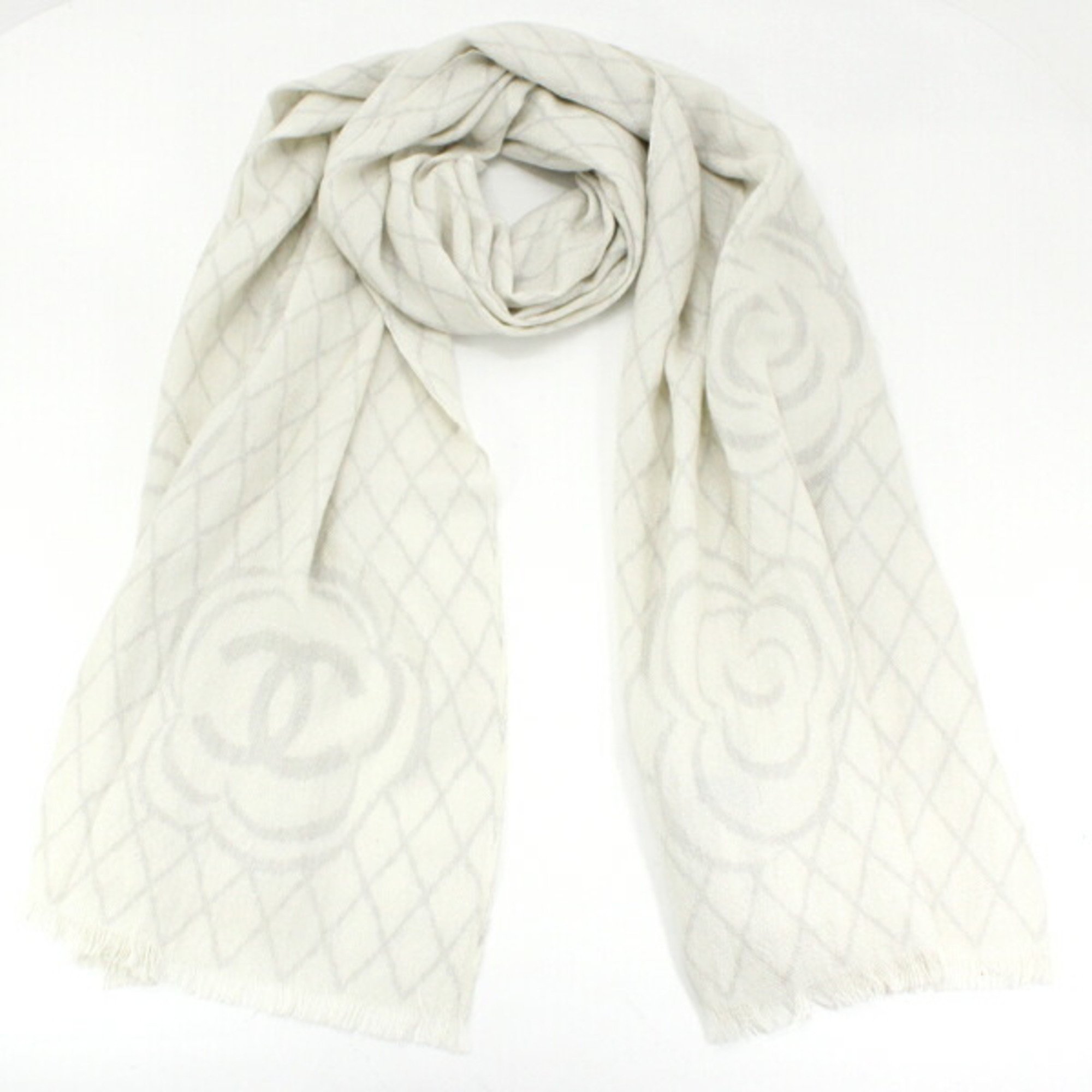 Chanel Shawl Stole Coco Mark Camellia Cashmere Silk Off-white x Gray 200cm Scarf Women's CHANEL T4762