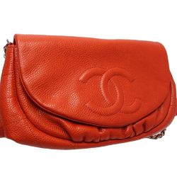 CHANEL Half Moon Coco Mark 0033 Shoulder Bag Caviar Skin Red Orange 180438