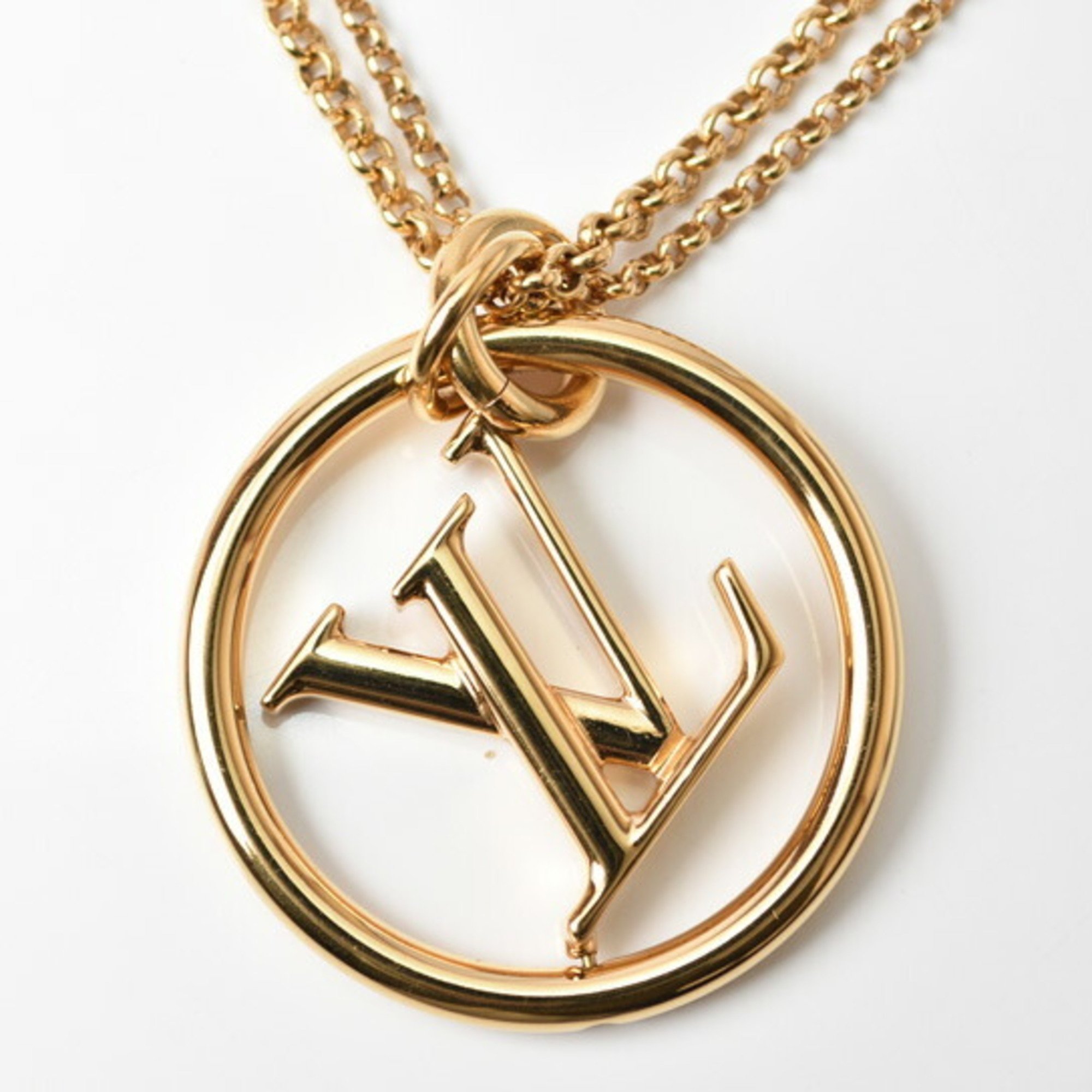 Louis Vuitton Necklace Long LOUIS VUITTON Pendant Double Chain Collier Louise LV Gold Circle