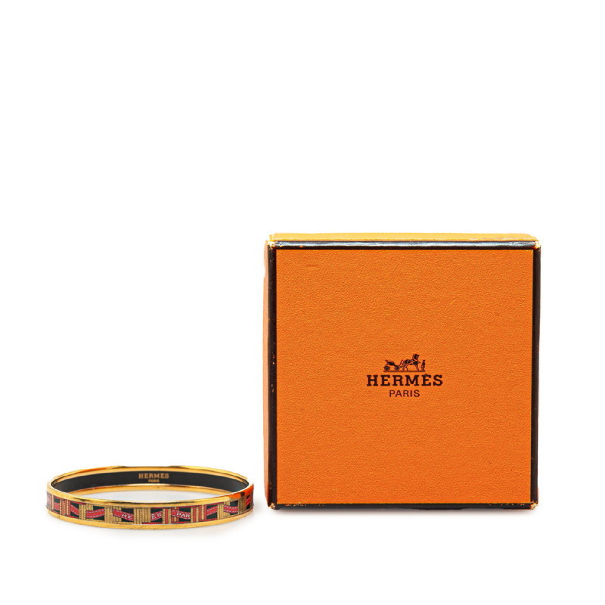 Hermes enamel PM ribbon cloisonne bangle red gold black plating women's HERMES