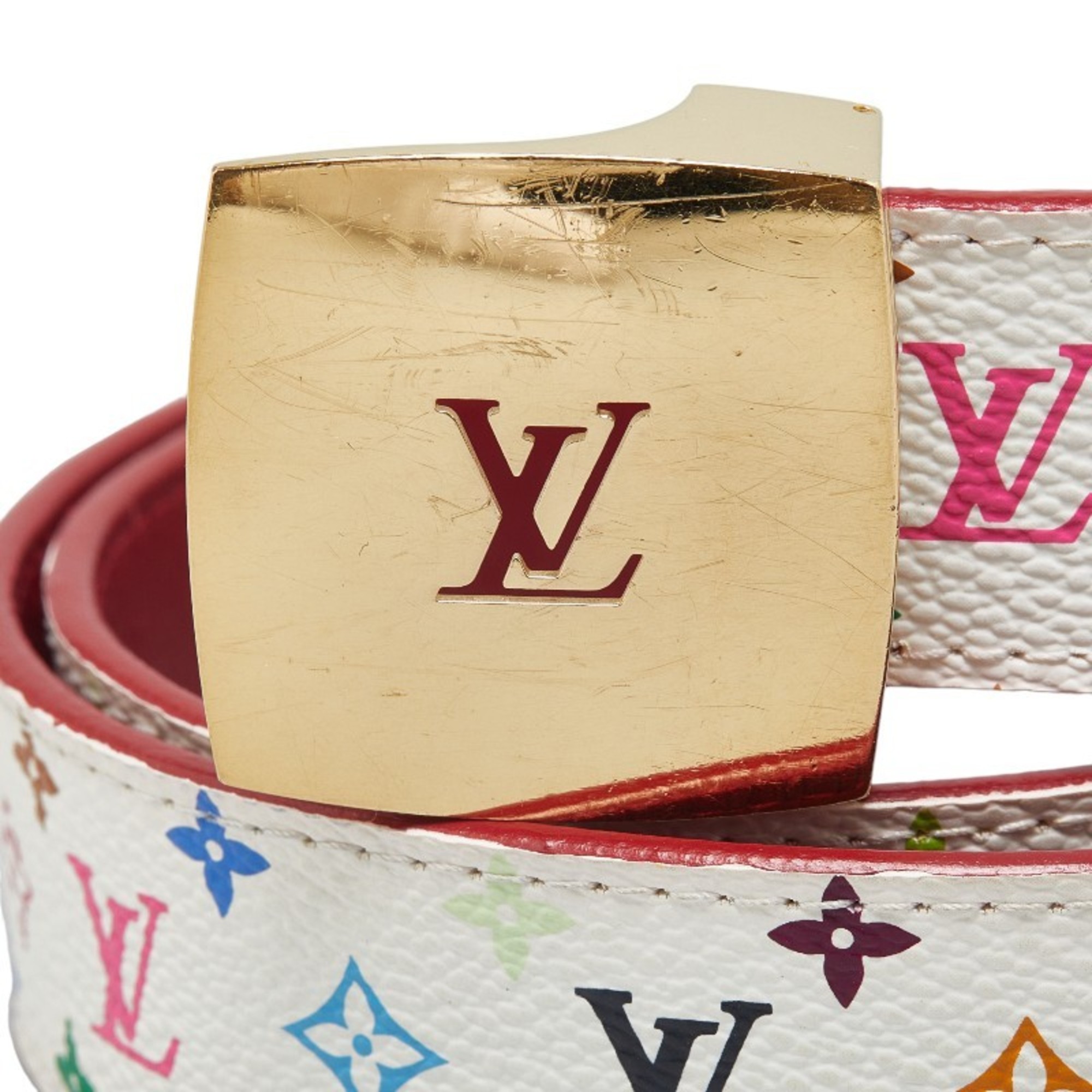 Louis Vuitton Monogram Multicolor Santur Carre Belt M9682 Blanc Gold PVC Leather Women's LOUIS VUITTON